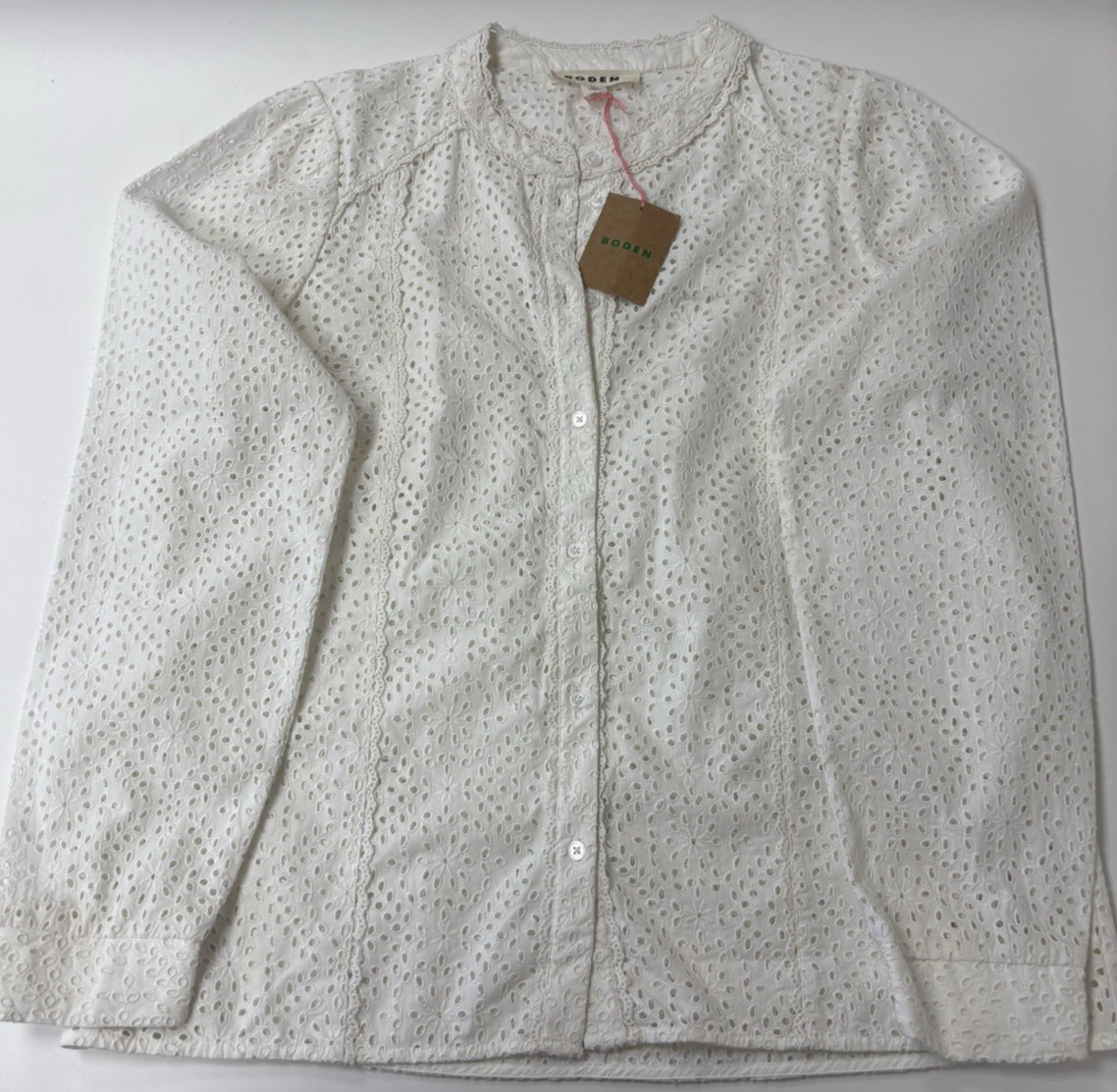 Boden White Eyelet Embroidered Cotton Blouse Women’s UK 12 US 8 Button Front
