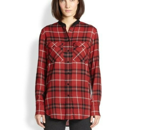 Vince Plaid Button Front Shirt Lamb Leather Collar Size 6 Red Black Long Sleeves