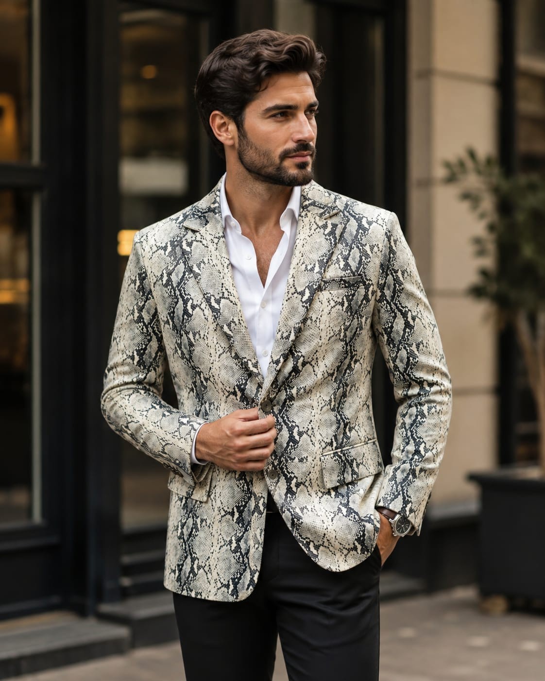 Mens Leather Coat Snake Skin Print Blazer Jacket Python Print Party Coat Premium
