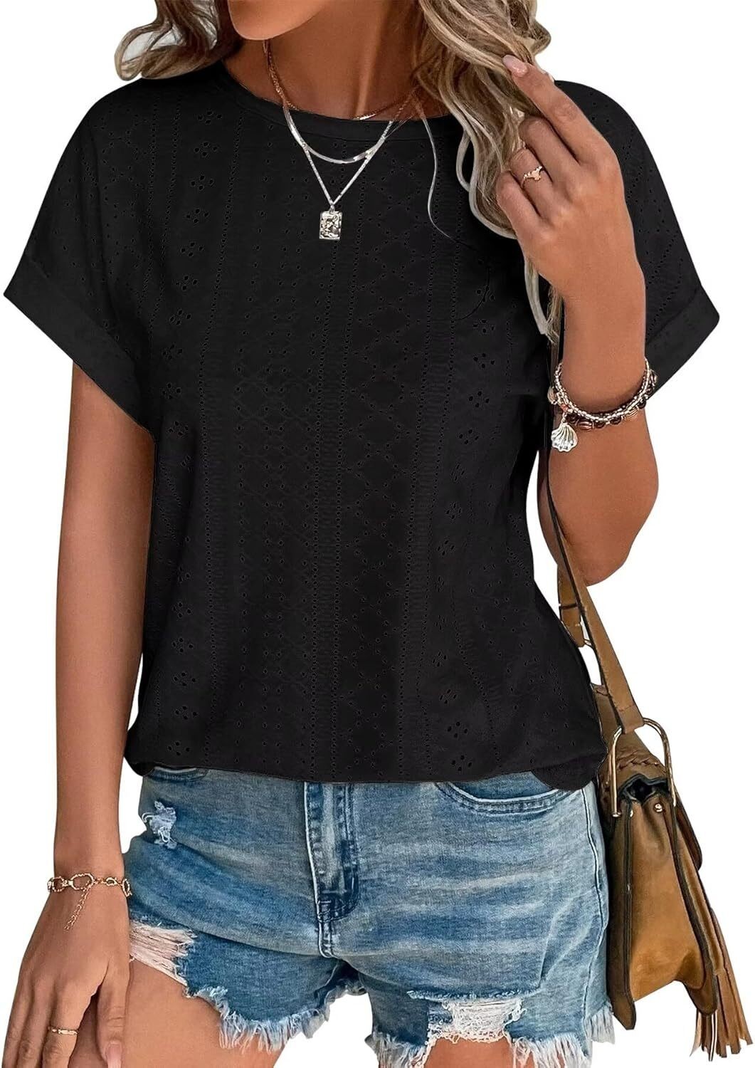 Womens Eyelet Embroidery Top Short Sleeve Curved Hem Loose Fit Summer T Shirt