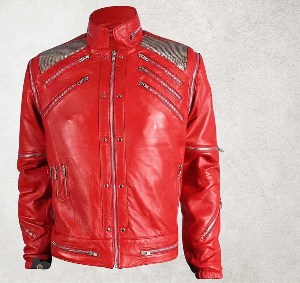 BEAT IT Michael Jackson THRILLER RED Sheep Leather Jacket Detachable Sleeves