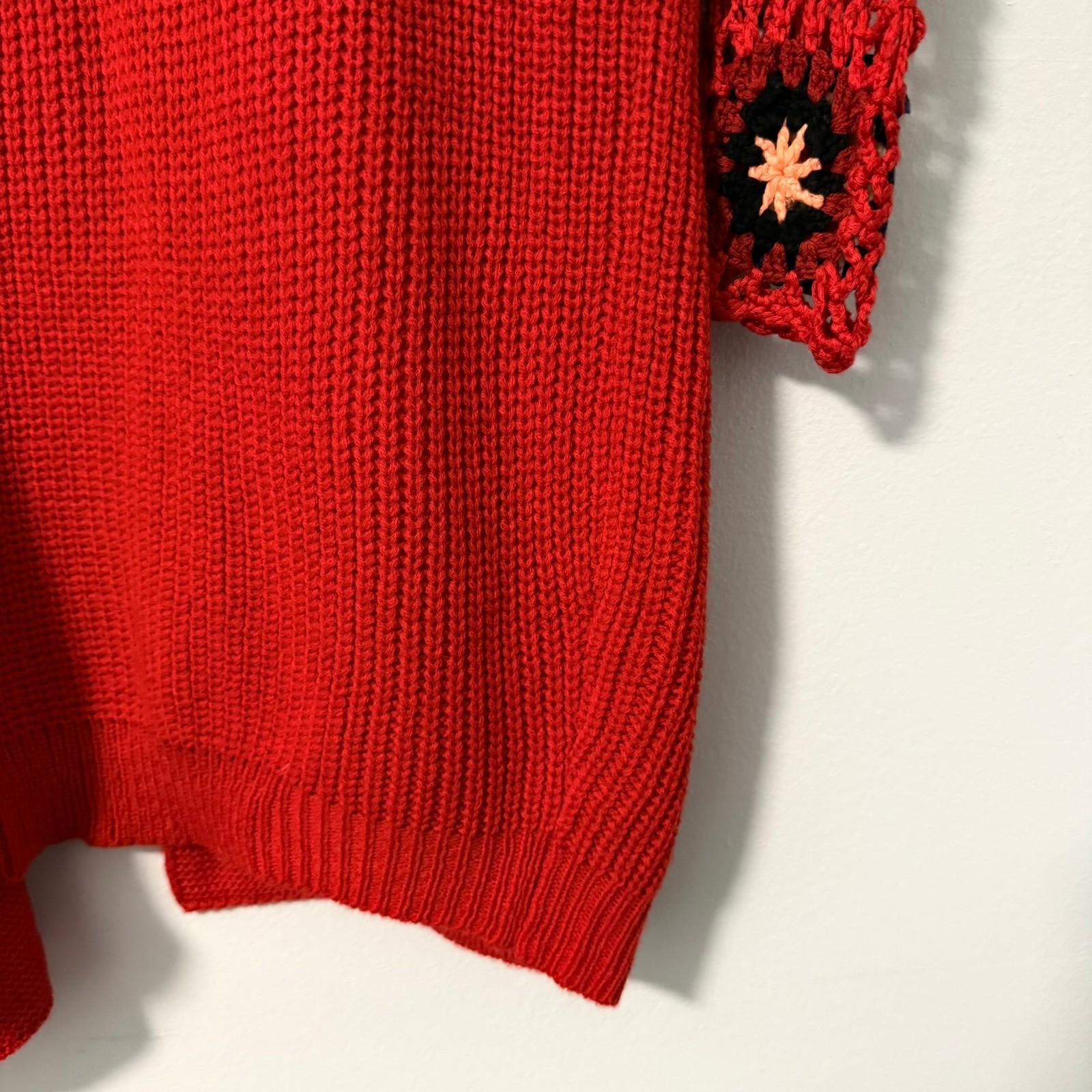 Blakeley Red Crochet Granny Square Sleeve Open Front Cardigan Sweater OS Womens