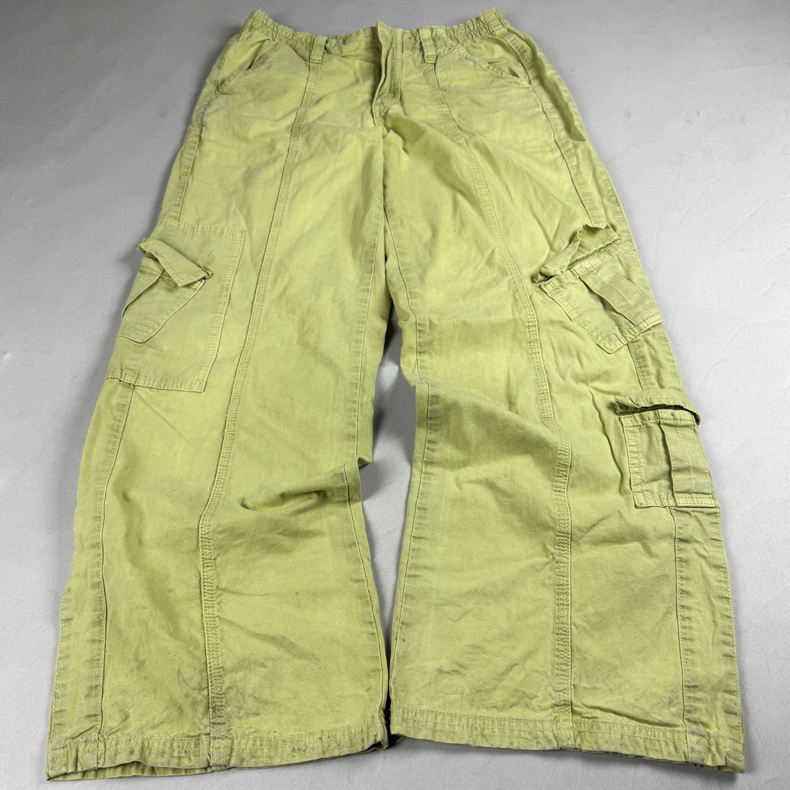 Womens Y2K Lime Green Cargo Pants Wide Leg Utility Multi Pocket Streetwear Baggy