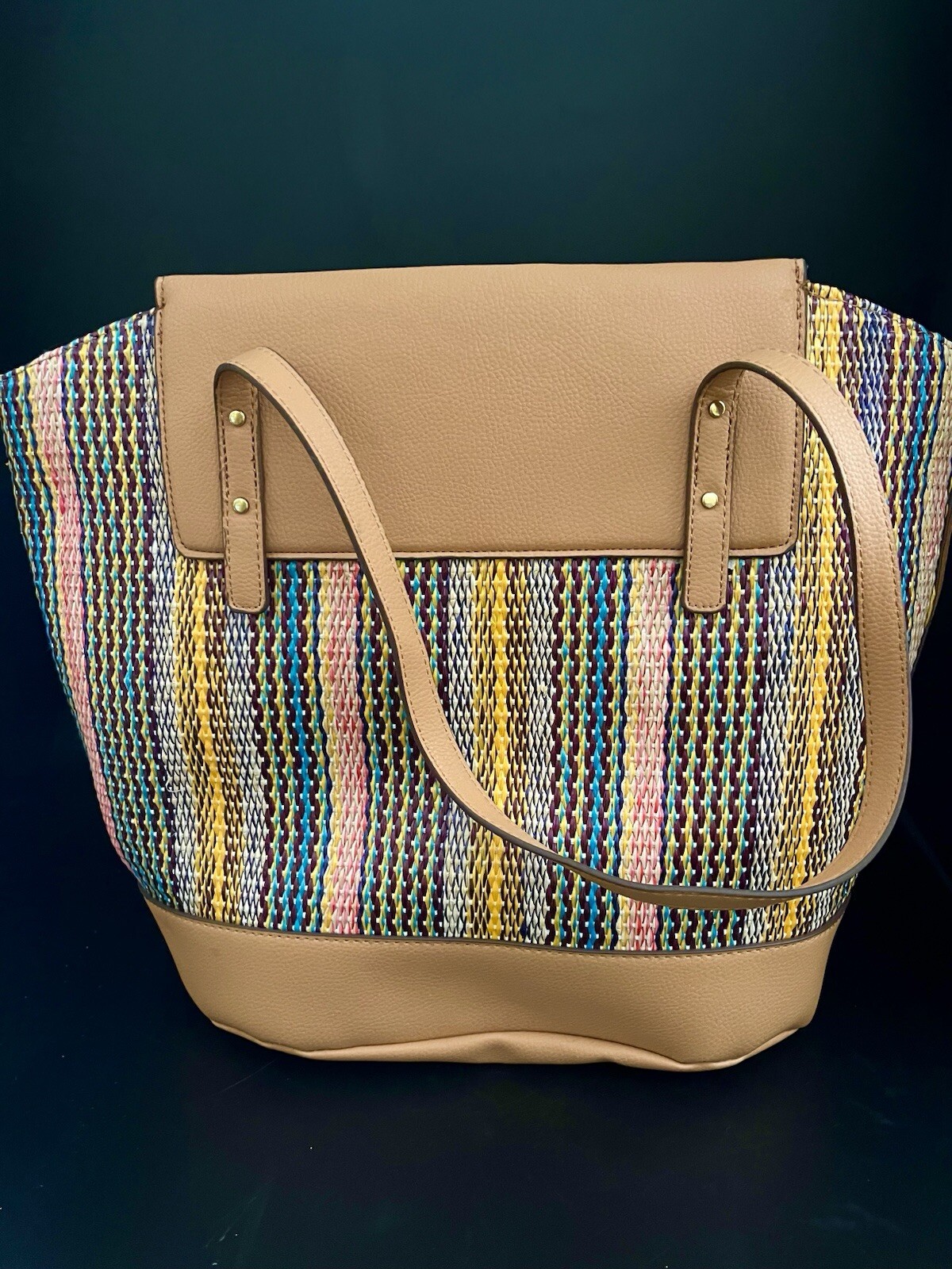 NEW Anne Klein Large Woven Multicolor Camel Curved Tote with Pouch 12.5 x 16 in.