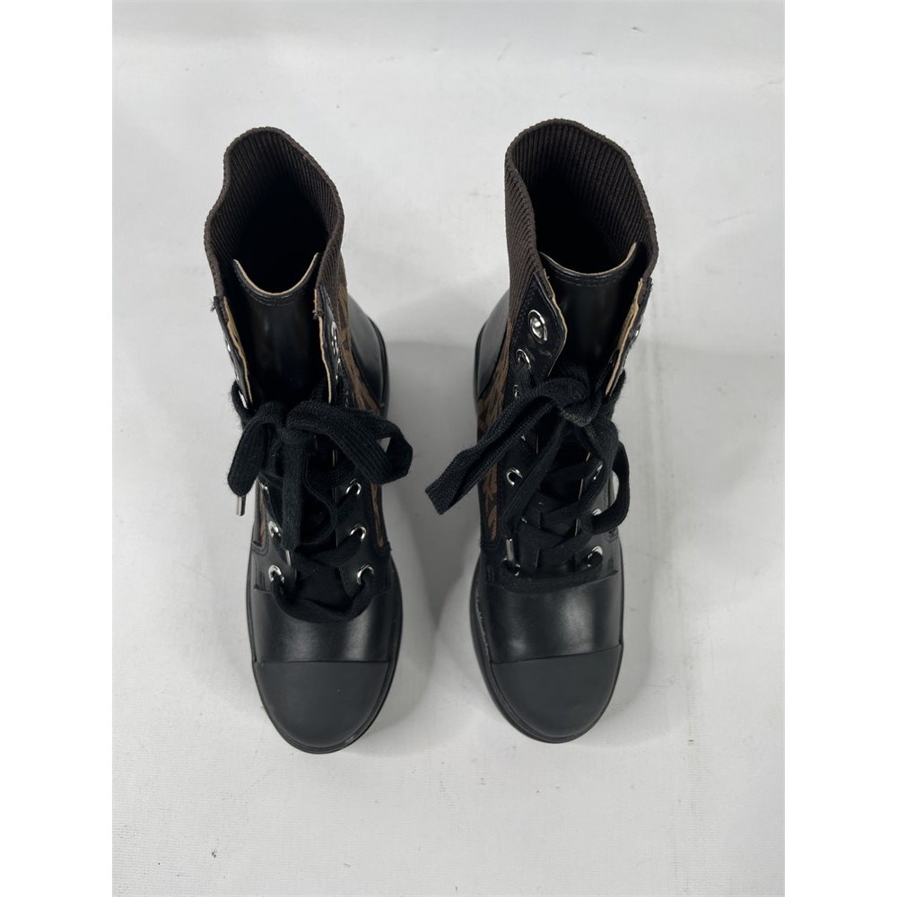 Michael Kors Brea Black Leather & Brown Logo Jacquard Combat Boots 6M