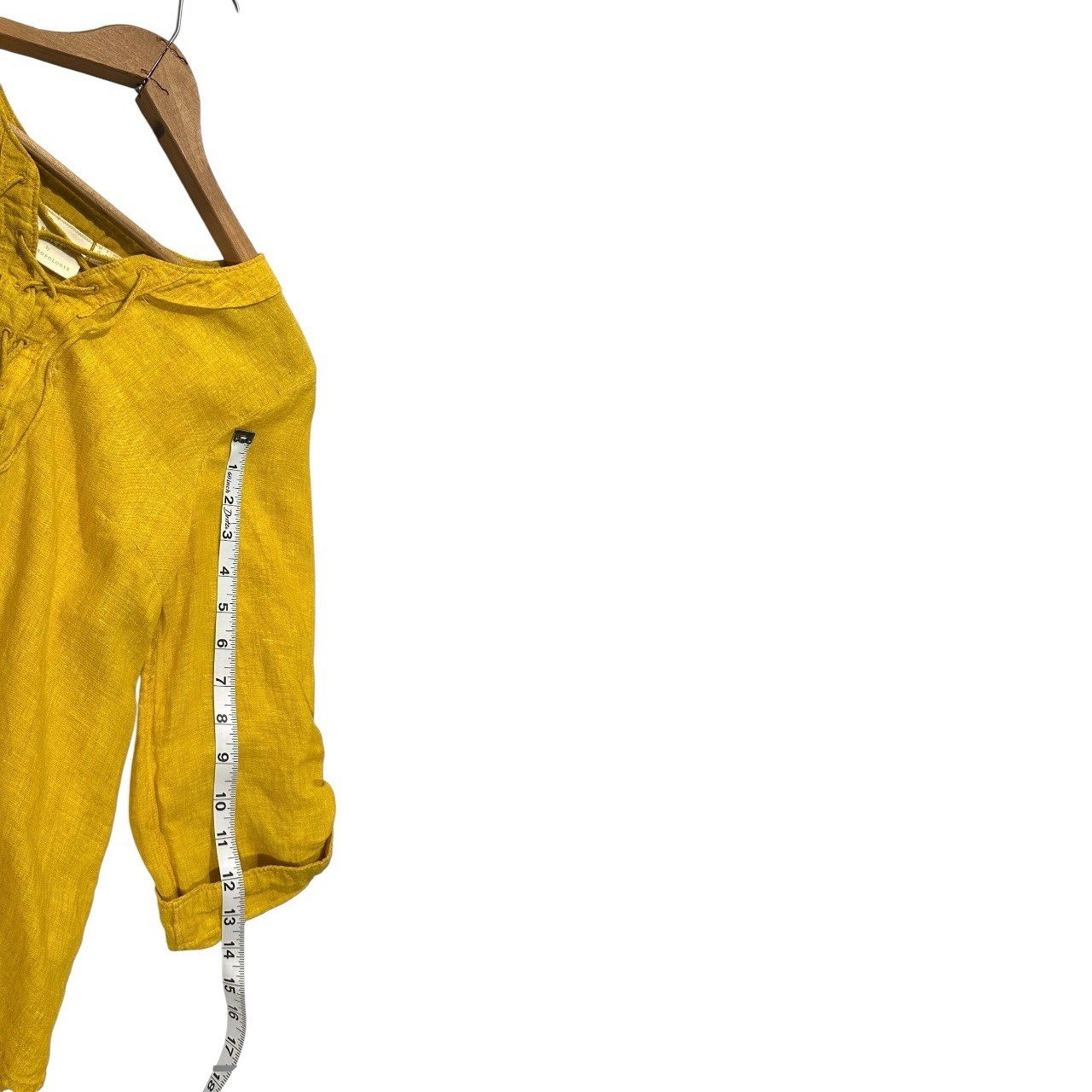 Maeve 4 Yellow Solid Woven Linen Lace-Up V-Neck Roll Tab 3/4 Tunic Blouse