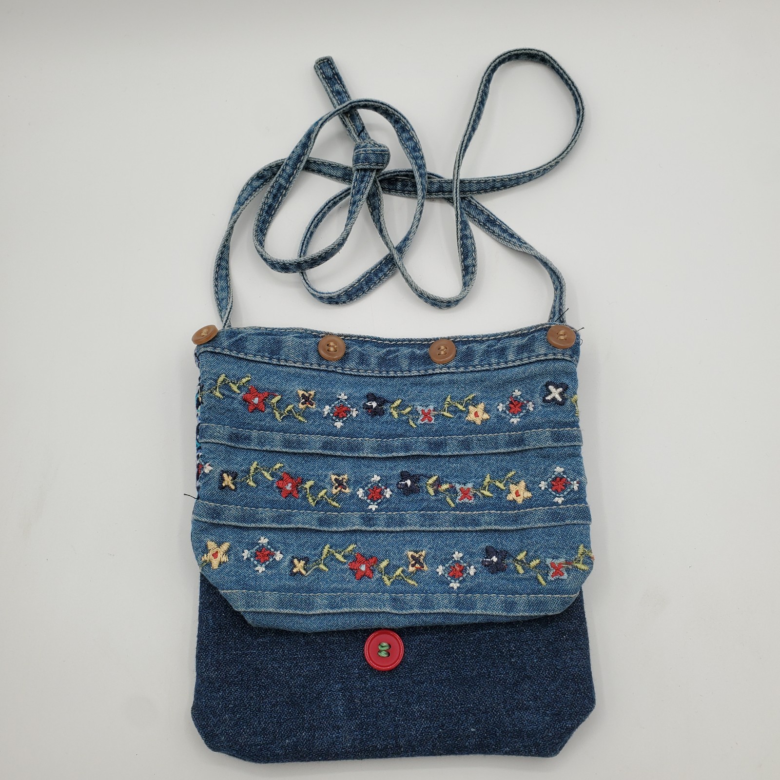 Vintage Handmade Crocheted Denim Shoulder Bag 6.5″ x 6.75″ Floral Pattern VGC
