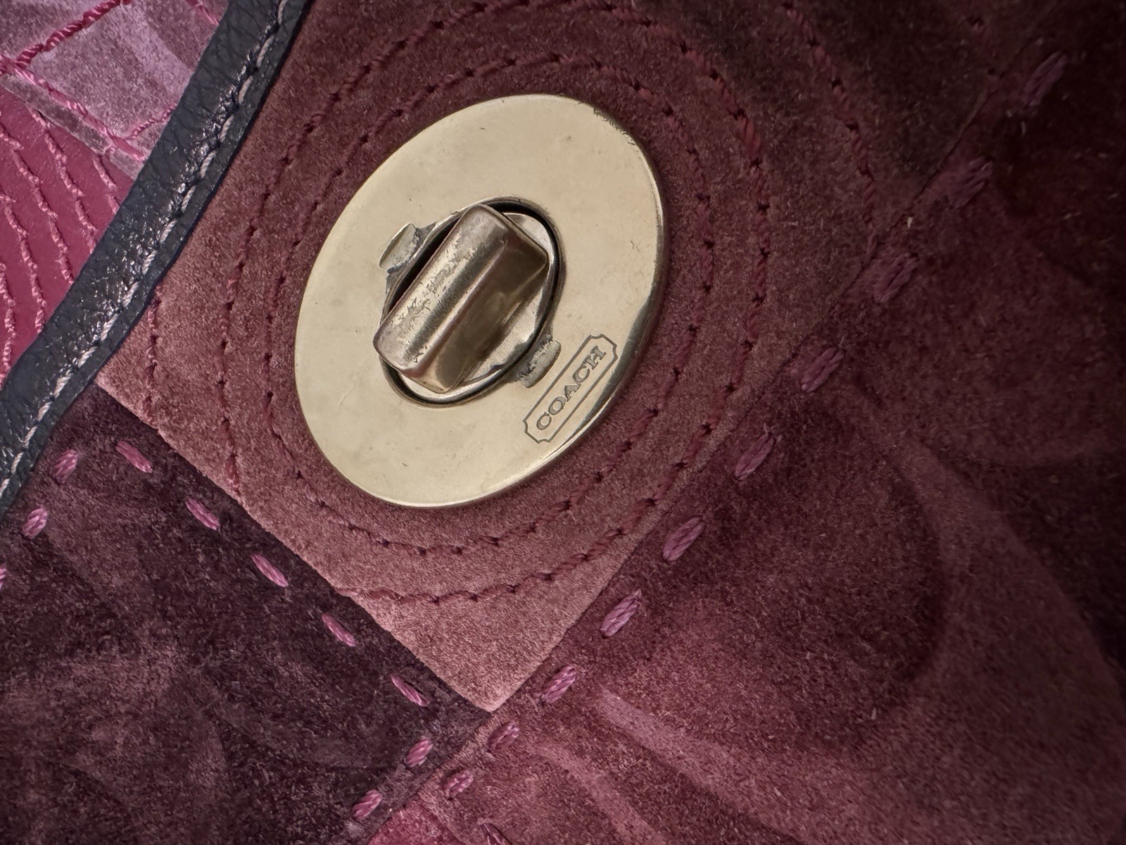 Coach Burgundy Patchwork Crescent Shoulder Bag Zip Top Turnlock + Charm