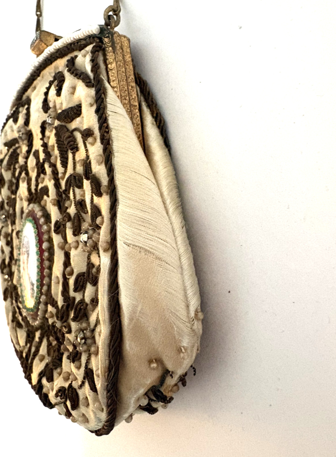French Victorian Cameo TRINITY BAG Copper Beaded w/Pearls/Copper Metallic Thread