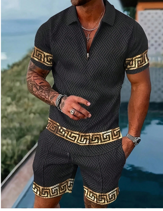 2-Piece Men’s Casual Summer Outfit Set – Retro Geometric Pattern