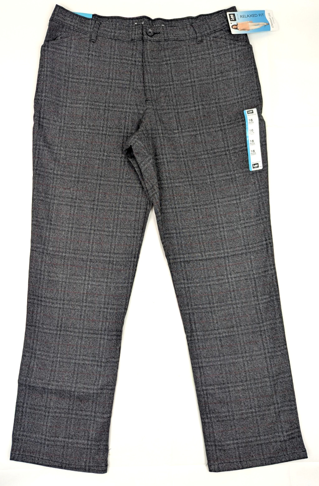 Lee Relaxed Straight Leg All Day Pants, Women 16M (35×31.5) Gray Red Plaid NWT