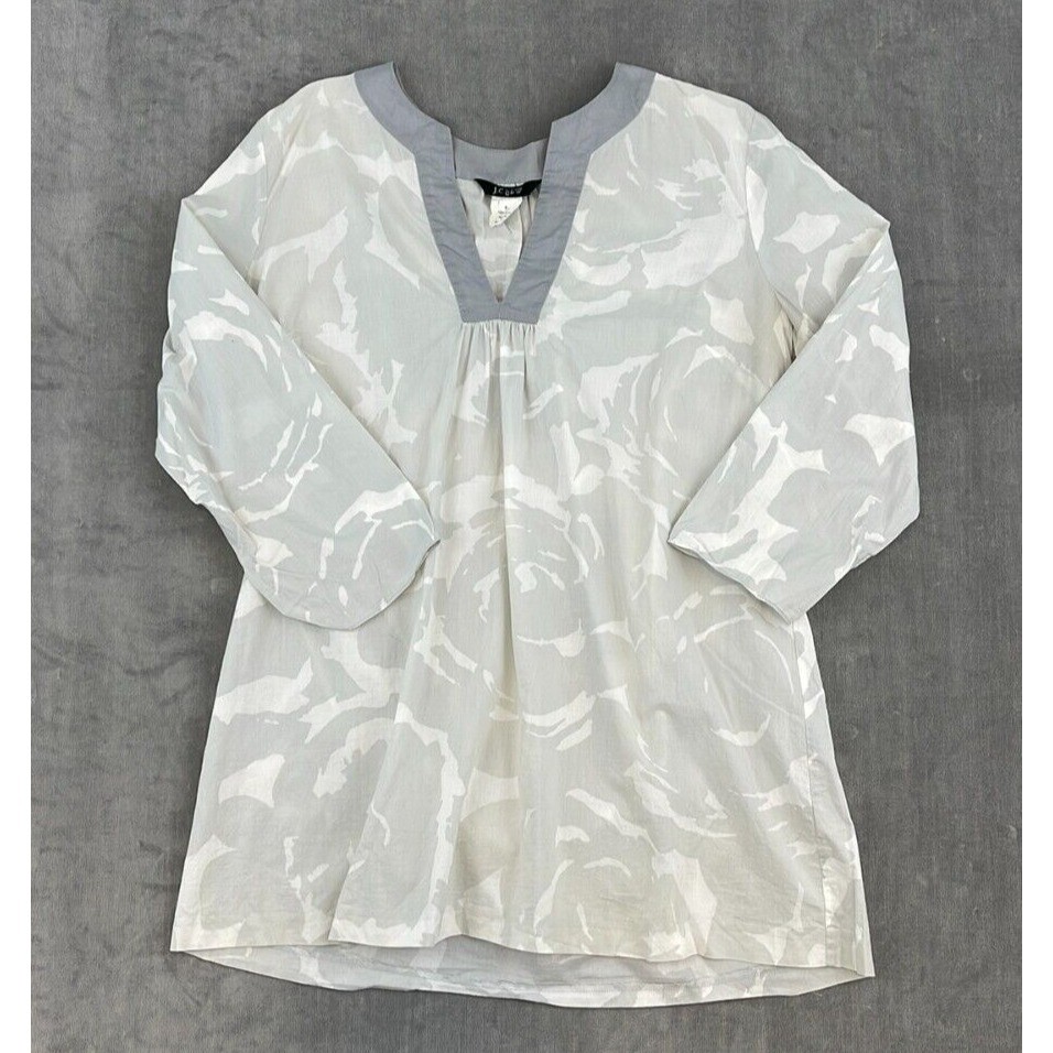 J.Crew Womens Small Gray White Abstract Print Cotton Tunic Blouse Split Neck