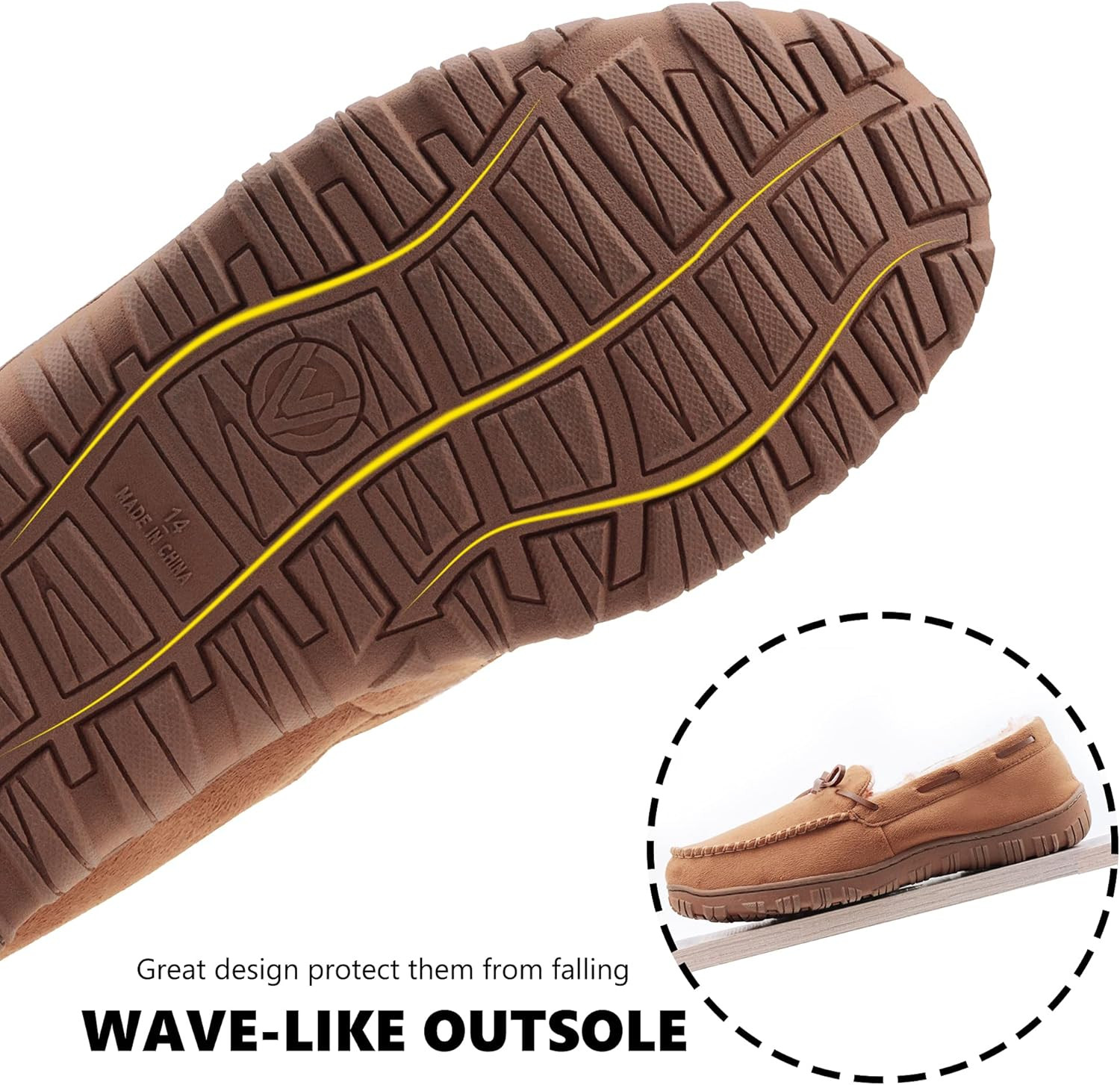 Mens Moccasin Slippers with Memory Foam Arch Support, Non Slip Rubber Sole House