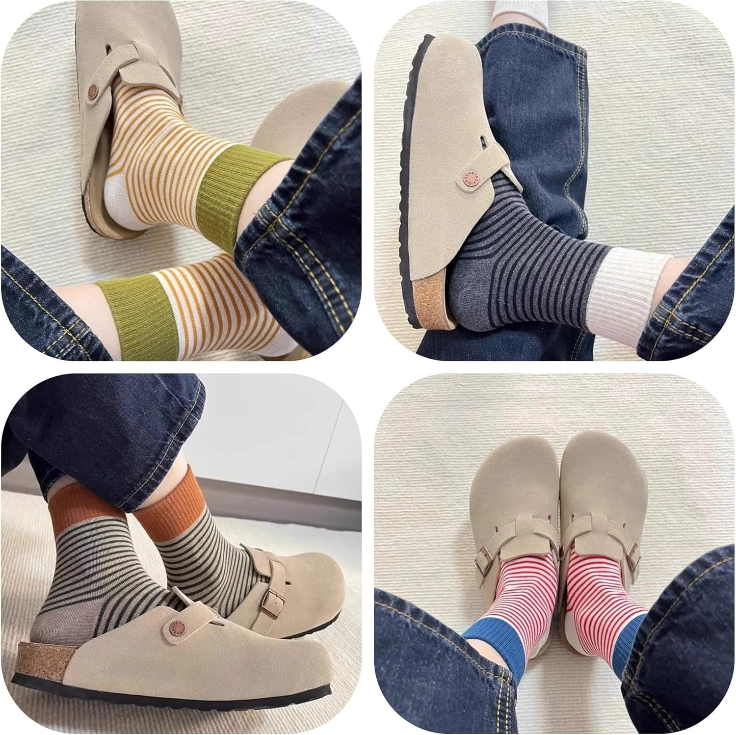 5 Pairs Colorful Striped Flip Flops Socks for Women Cotton Casual Tabi Socks for