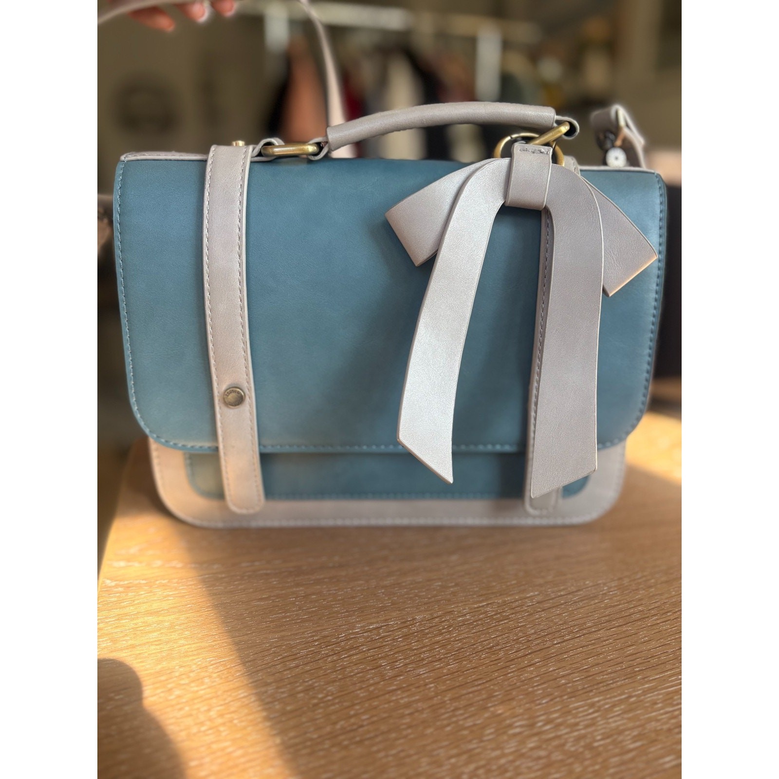 ECOSUSI Blue & Beige Two-Tone Messenger Bag – Detachable Bow – Retro Satchel