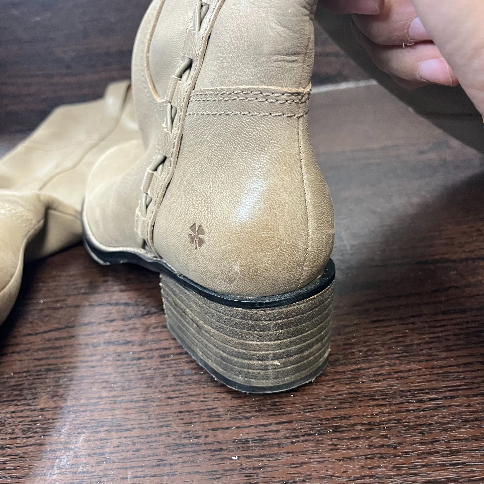 Lucky Brand Women’s Hidranja Knee High Boot 7M Beige Leather Stacked Heel Woven
