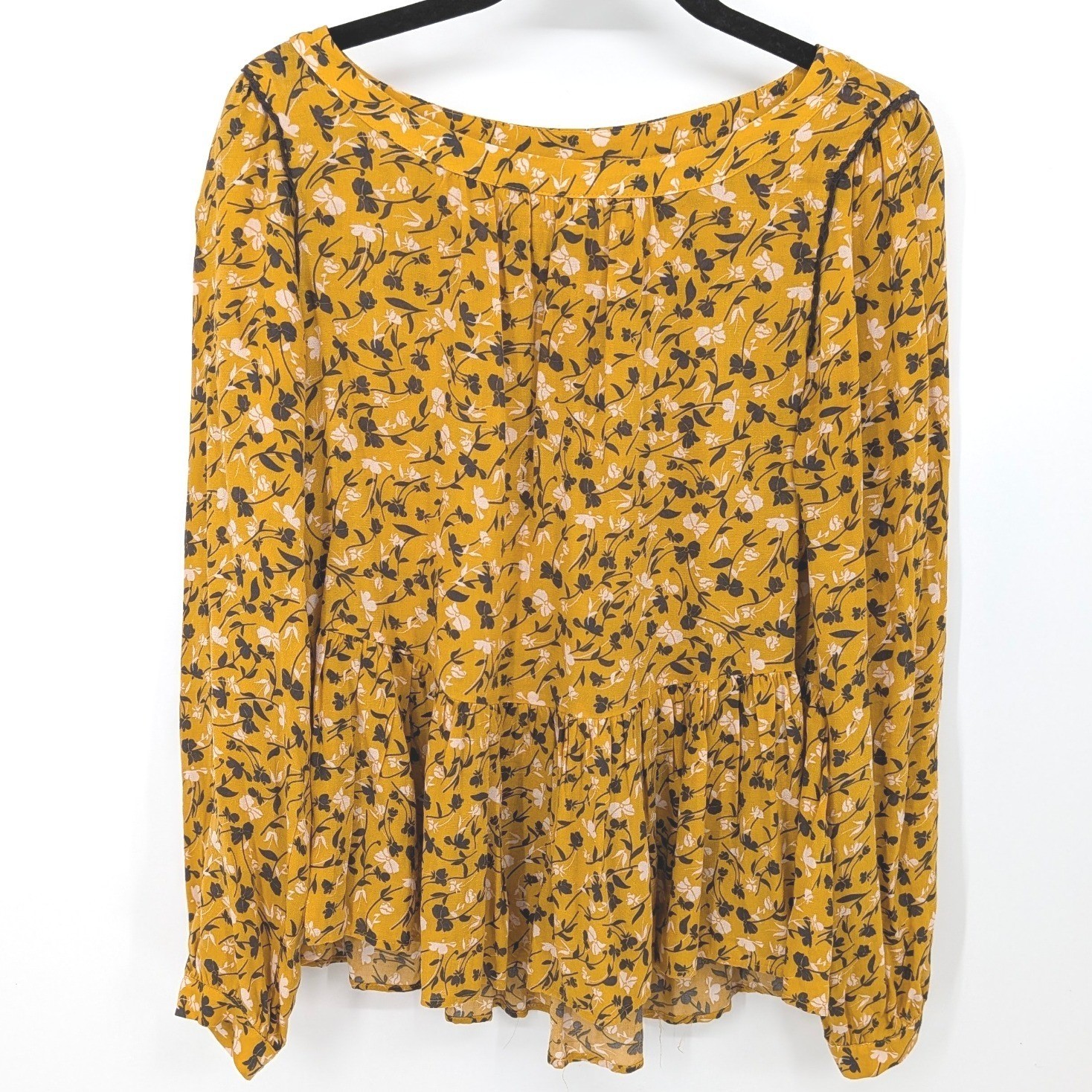 Maeve Peplum Blouse Womens XS Mustard Yellow Floral Long Sleeve Cottagecore