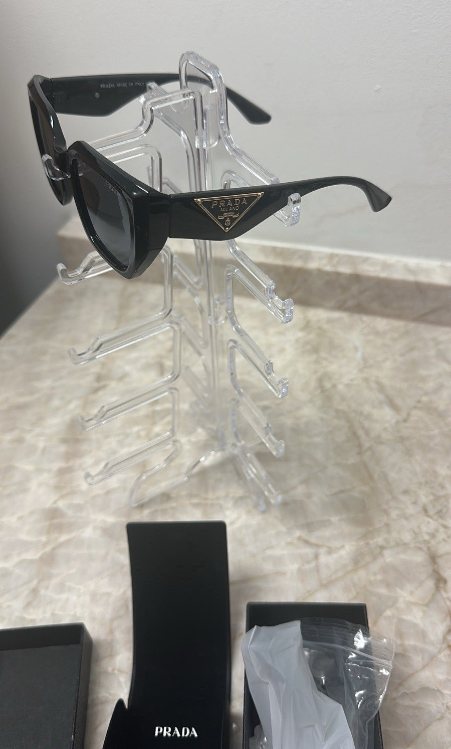 PRADA Milano Square Oversized Sunglasses Black Plastic Gray Tinted Logo