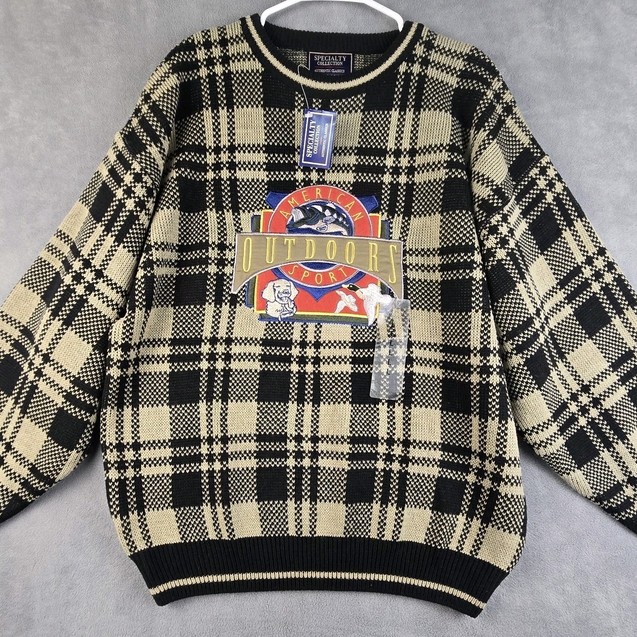 American Outdoors Sports Plaid Knit Wool Blend Sweater Hunting Fishing – L – 90s