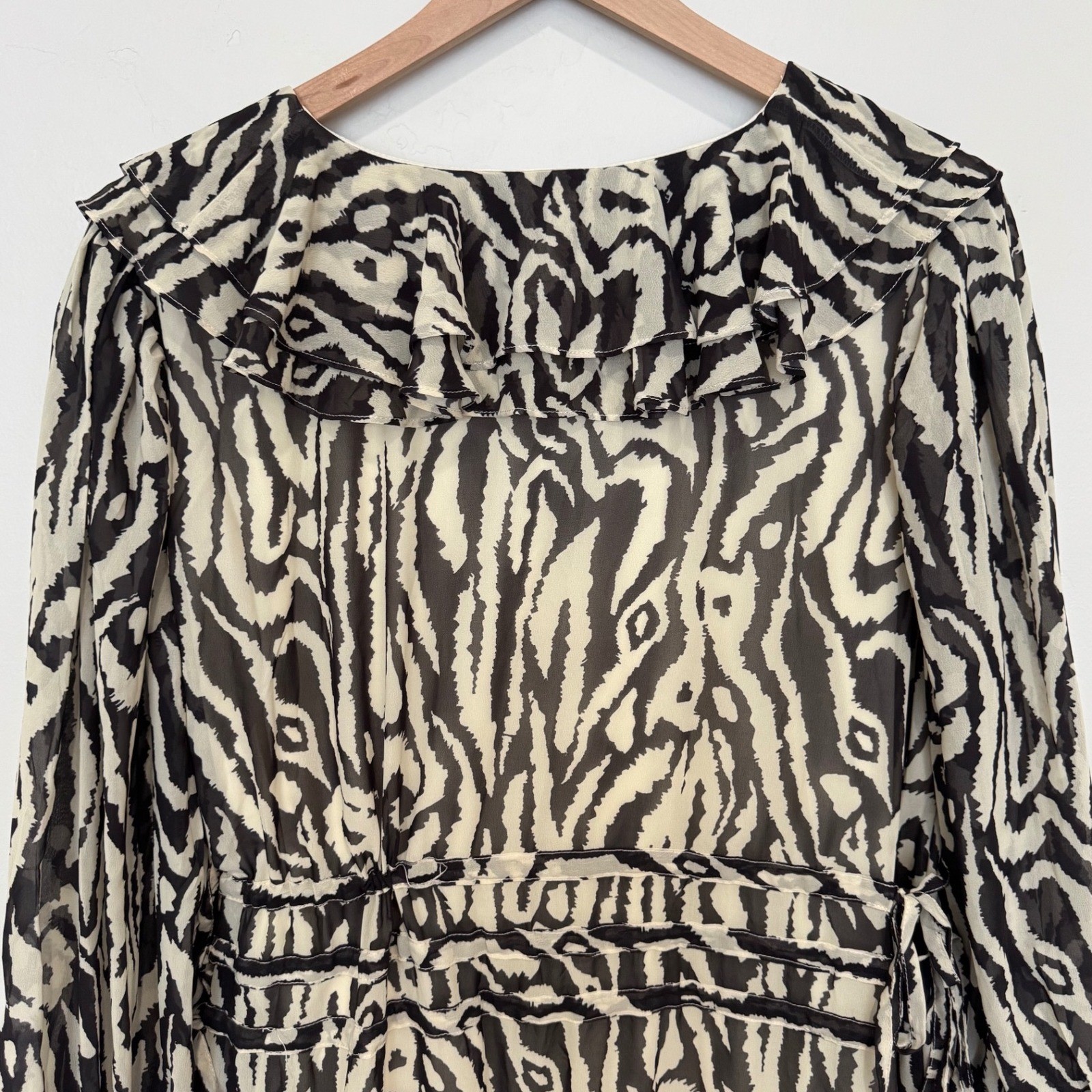 Boohoo Zebra Print Ruffle Mini Dress Long Sleeve Tie Waist Party Going Out US 14
