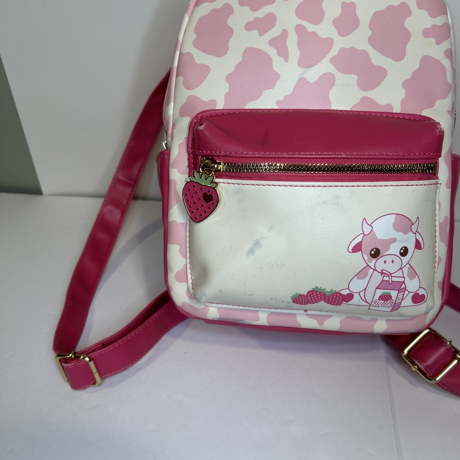 Strawberry Milk Cow Backpack Pink and White Used 11 Inches Gold Hardware Zipper