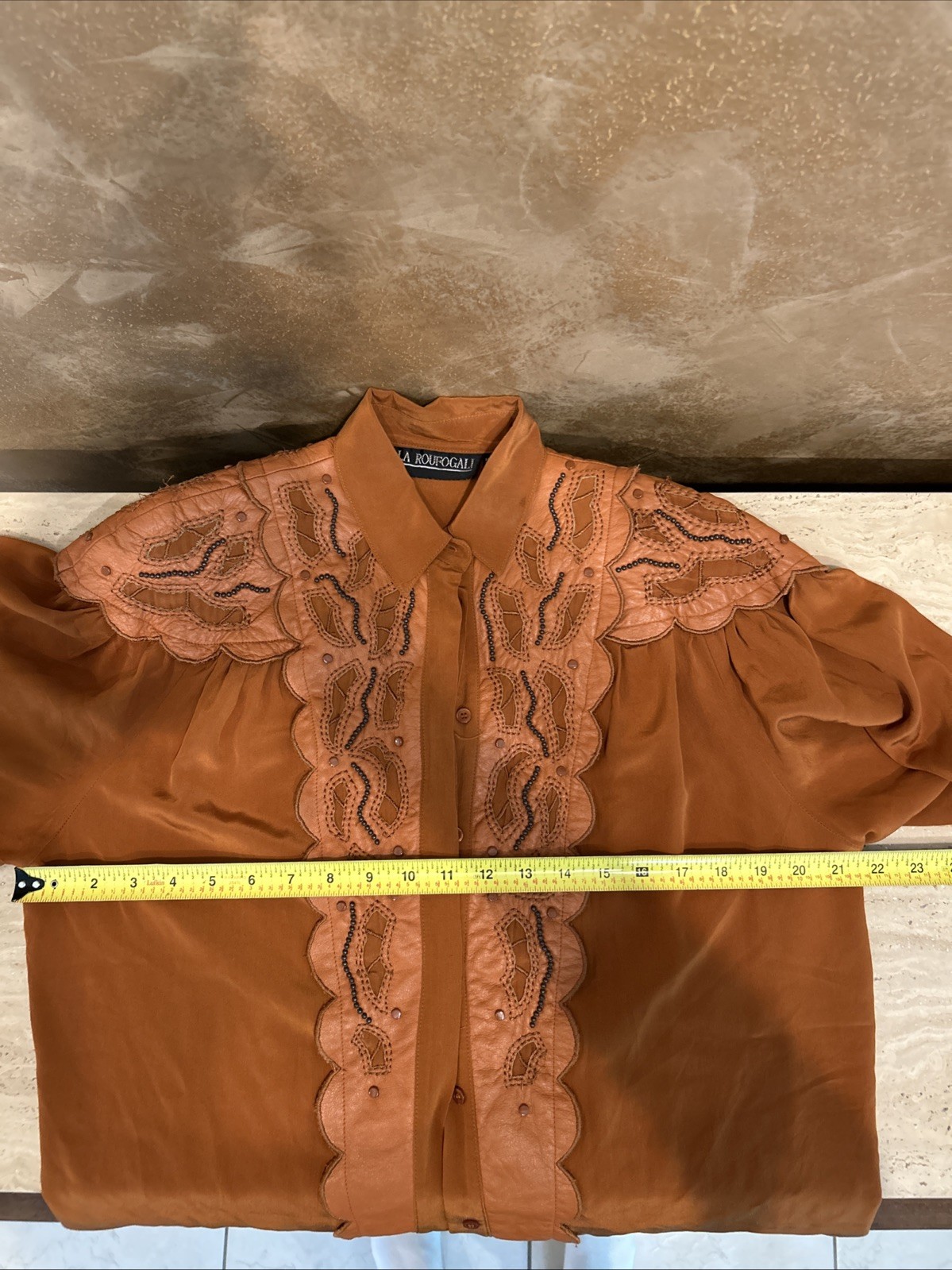 Vintage Della Roufogali Blouse Brown Size 8 100% Silk and Leather Western Style