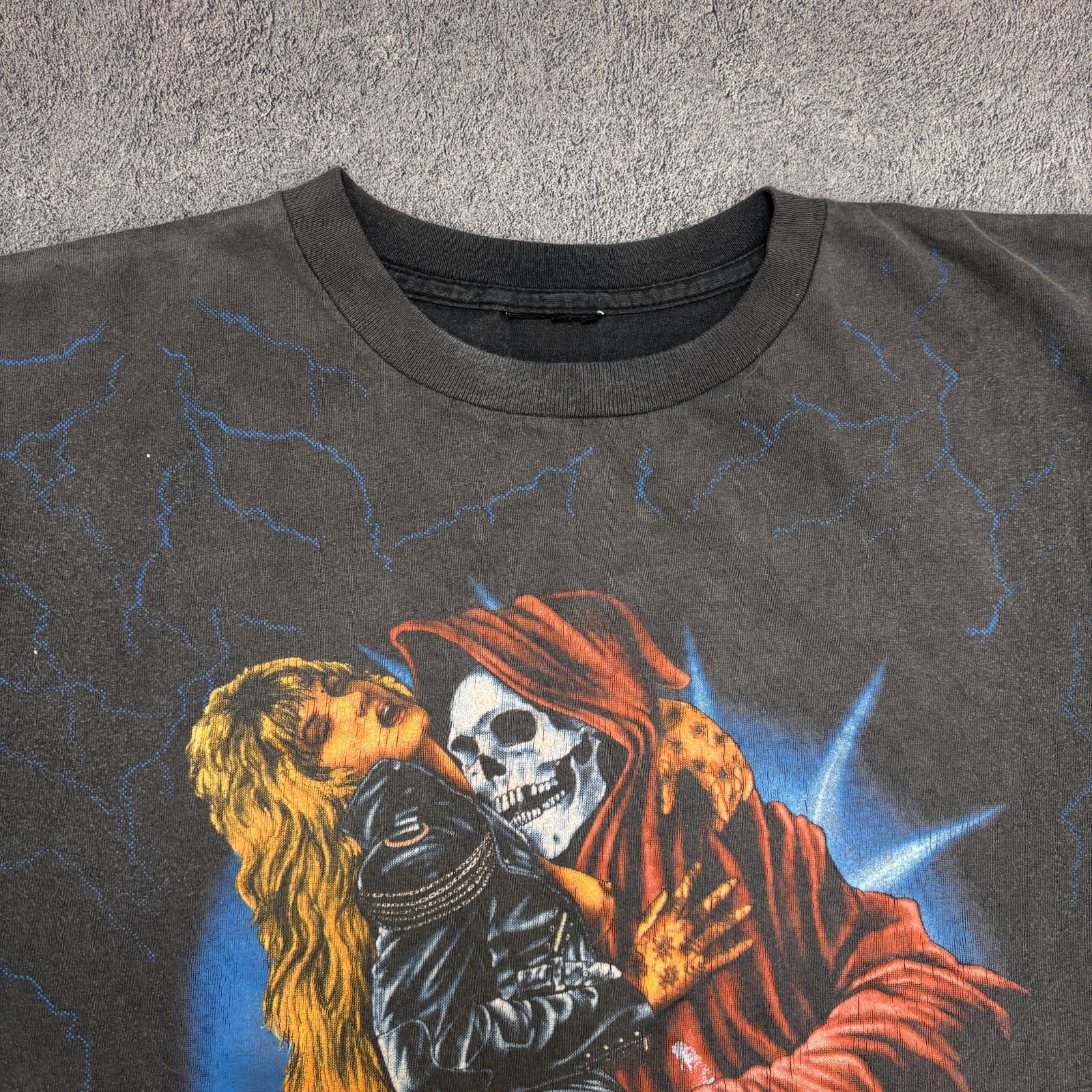 Vintage 3d Emblem Shirt XL Black 90s Single Stitch Reaper All Over Print Harley