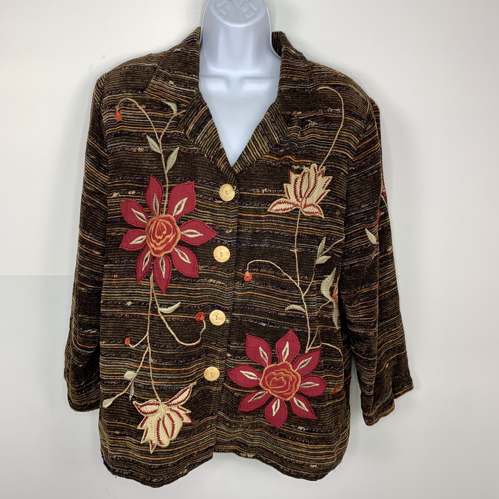 Indigo Moon Brown Floral Jacket Sz M 3/4 Sleeve Button Front Boho VINTAGE JN17