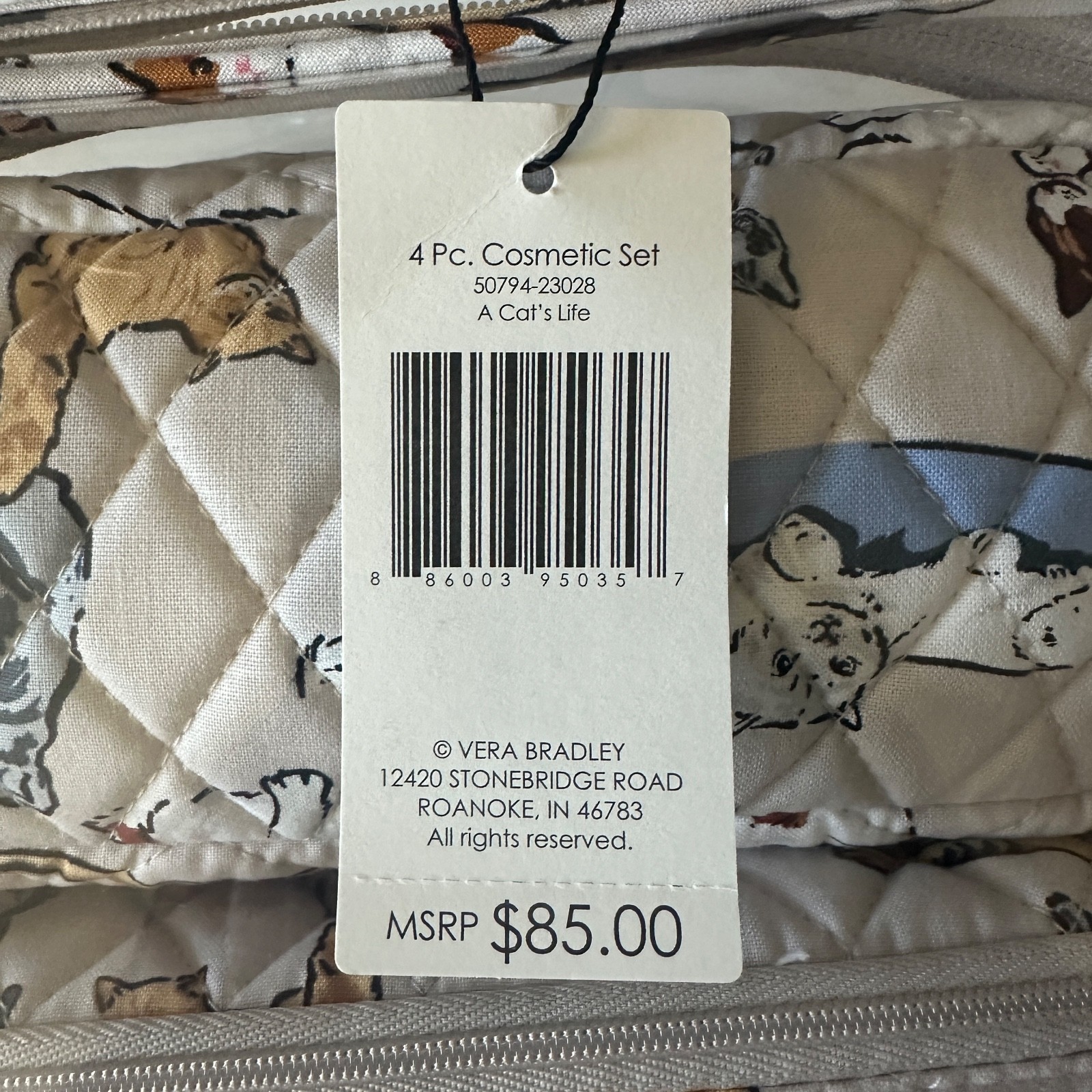 NWT Vera Bradley Cat Cats Meow Pattern Blue Quilted Cosmetic Organizer Set