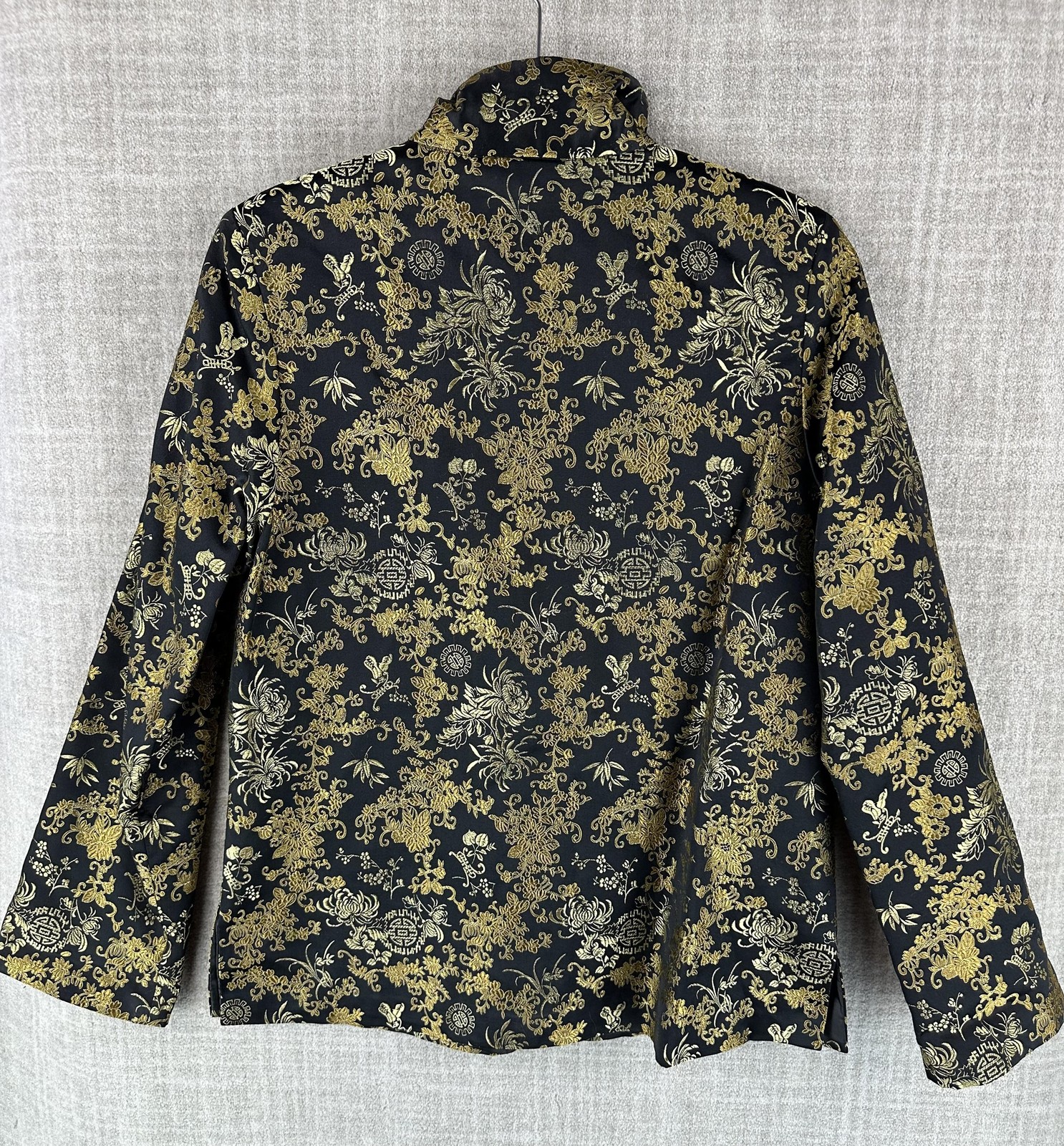 Jacket Womens L Black Short Collared Lined Toggle Floral Satin Mandarin Brocade