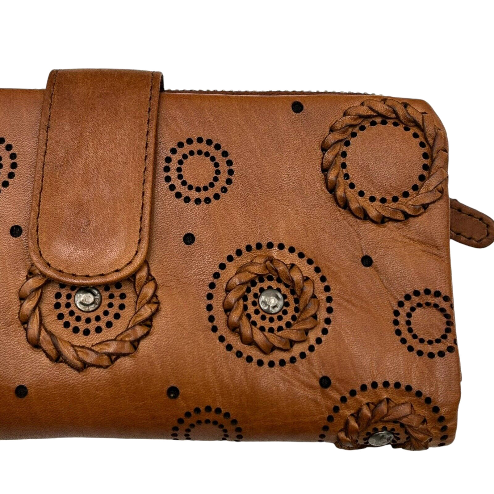 VILENCA Women’s Leather Flap Wallet With Circular Details Brown Metal Accents