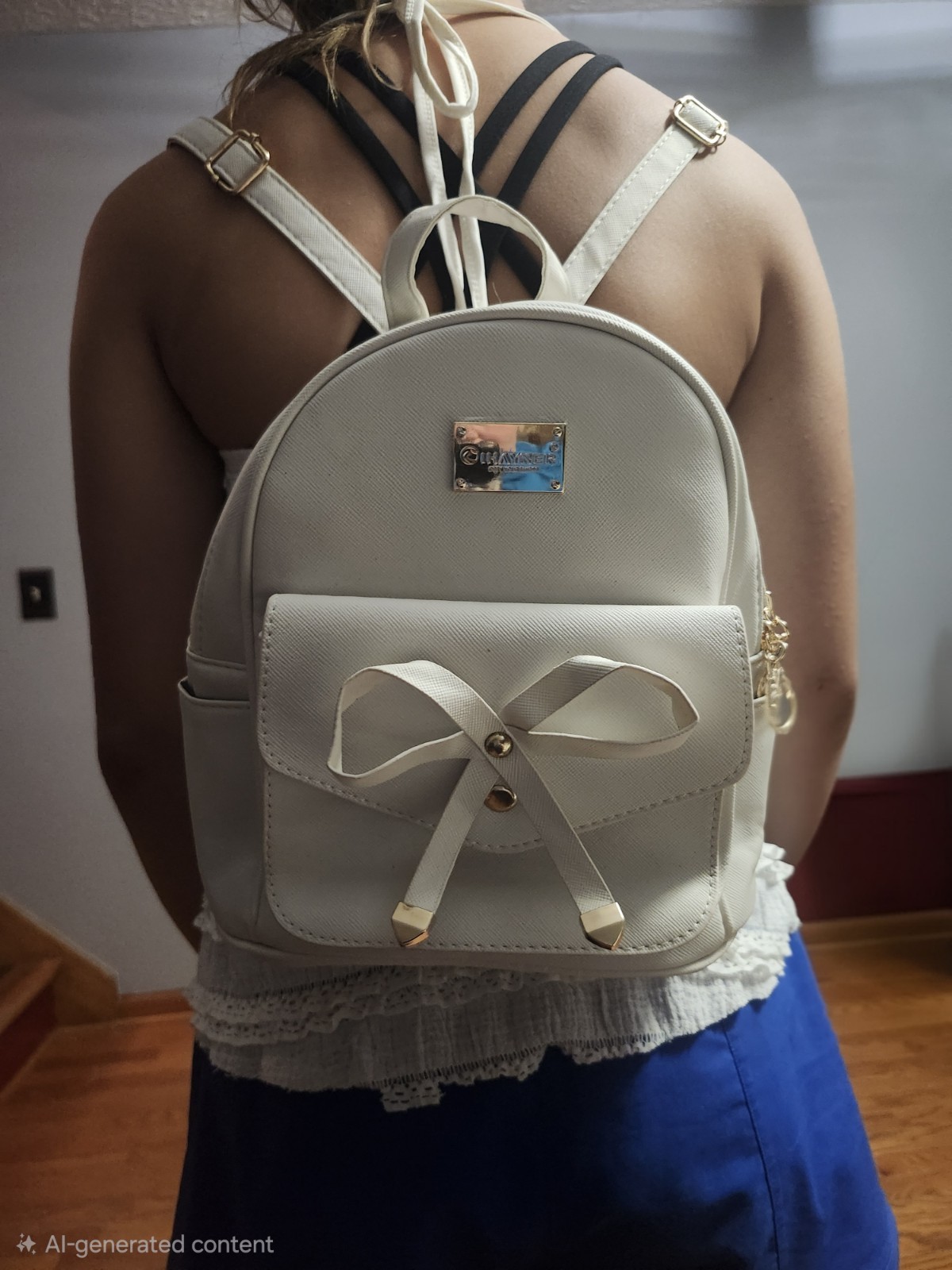 Ihayner White Backpack Purse Bow Accent Gold Hardware Adjustable Straps Pockets