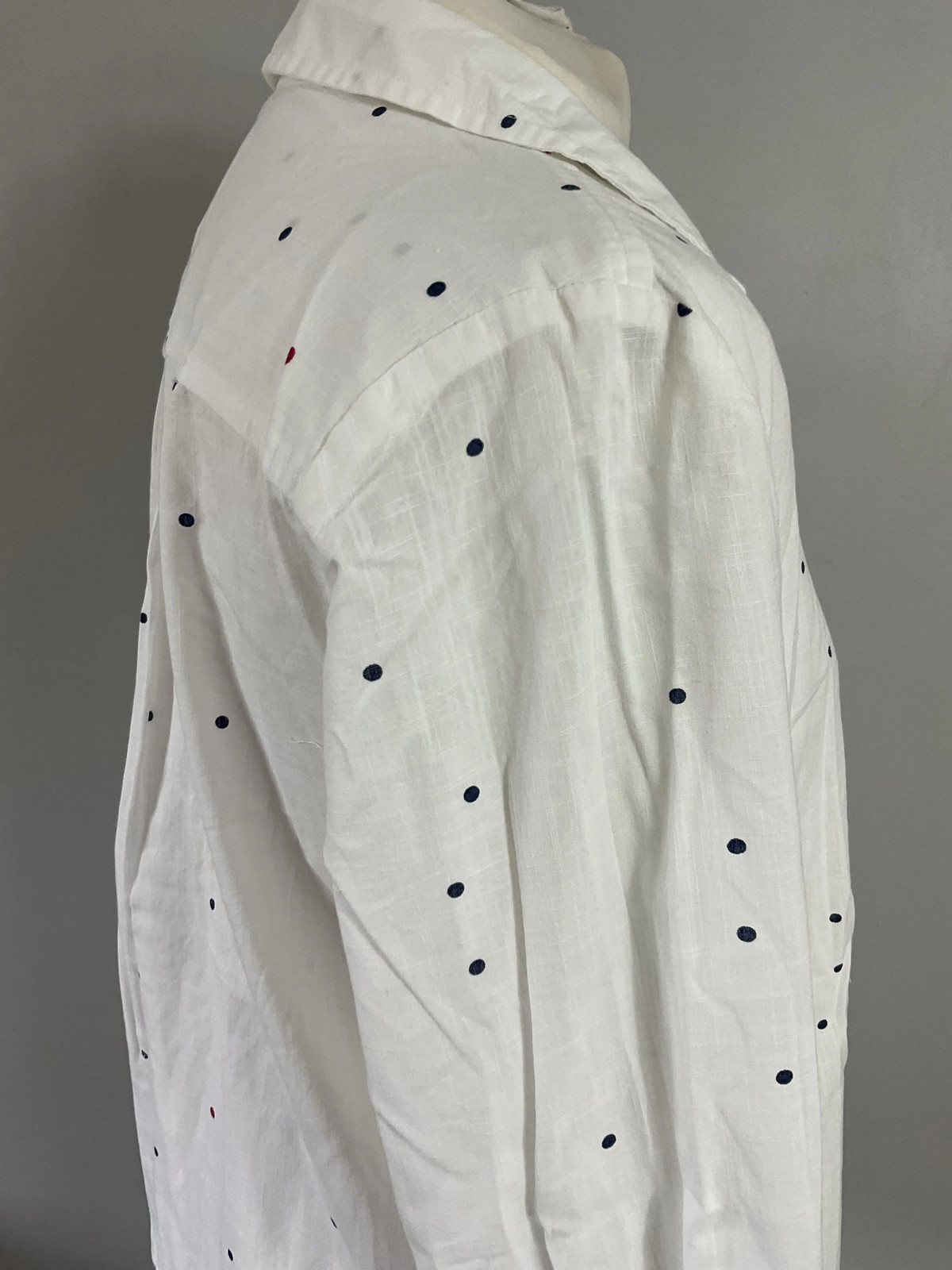 FatFace ladies white textured cotton deep navy & red polka dot blouse top UK 12