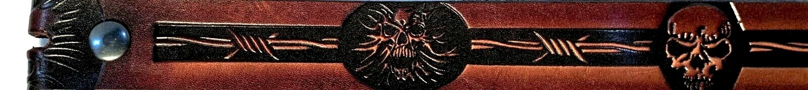 SKULL & BARB WIRE EMBOSSED MOTORCYCLE COWHIDE LEATHER BELT SIZE 26-48 USA MADE