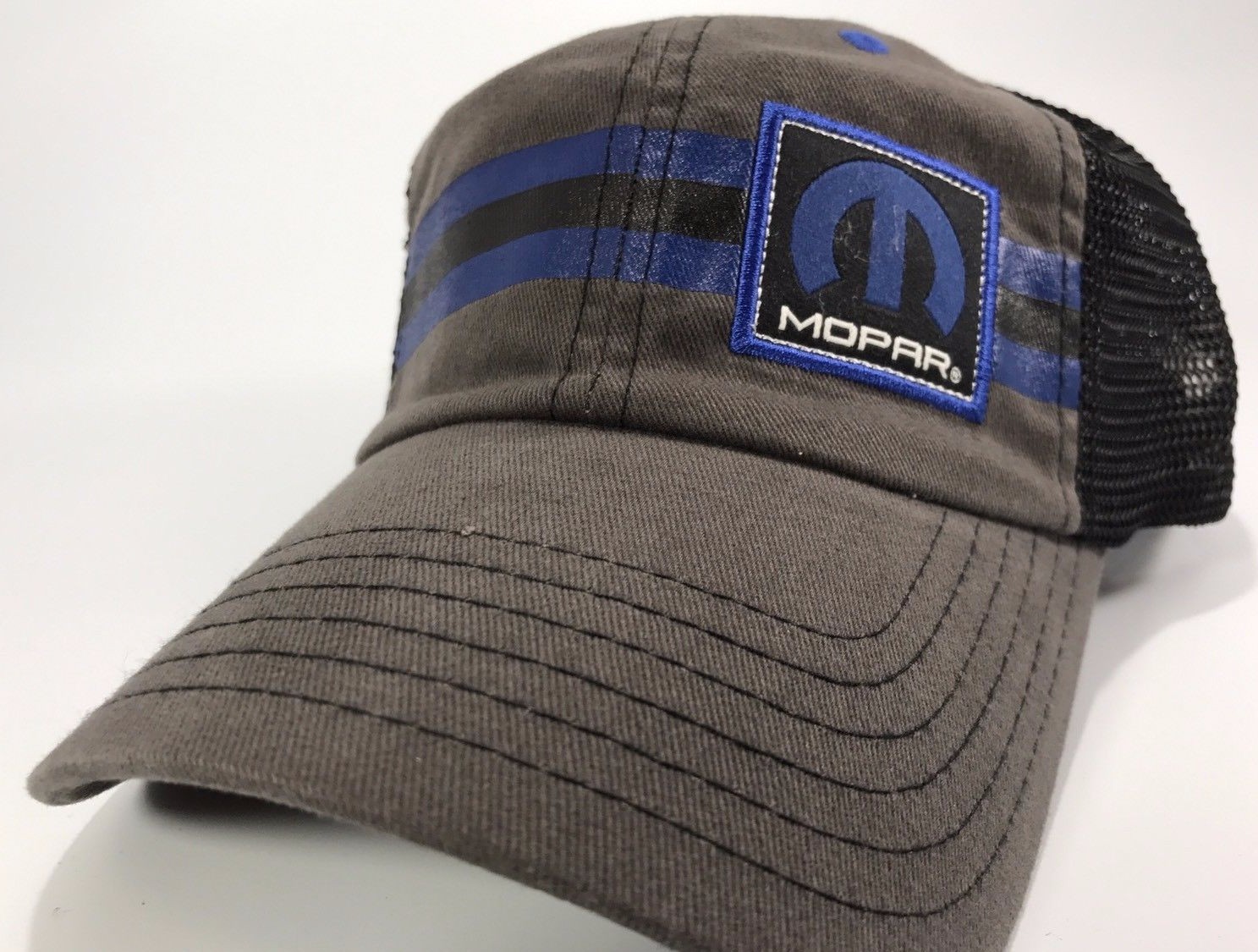 Gray & Black Hat / Cap w/ Blue Mopar “M” Logo / Emblem w/ Black & Blue Stripe