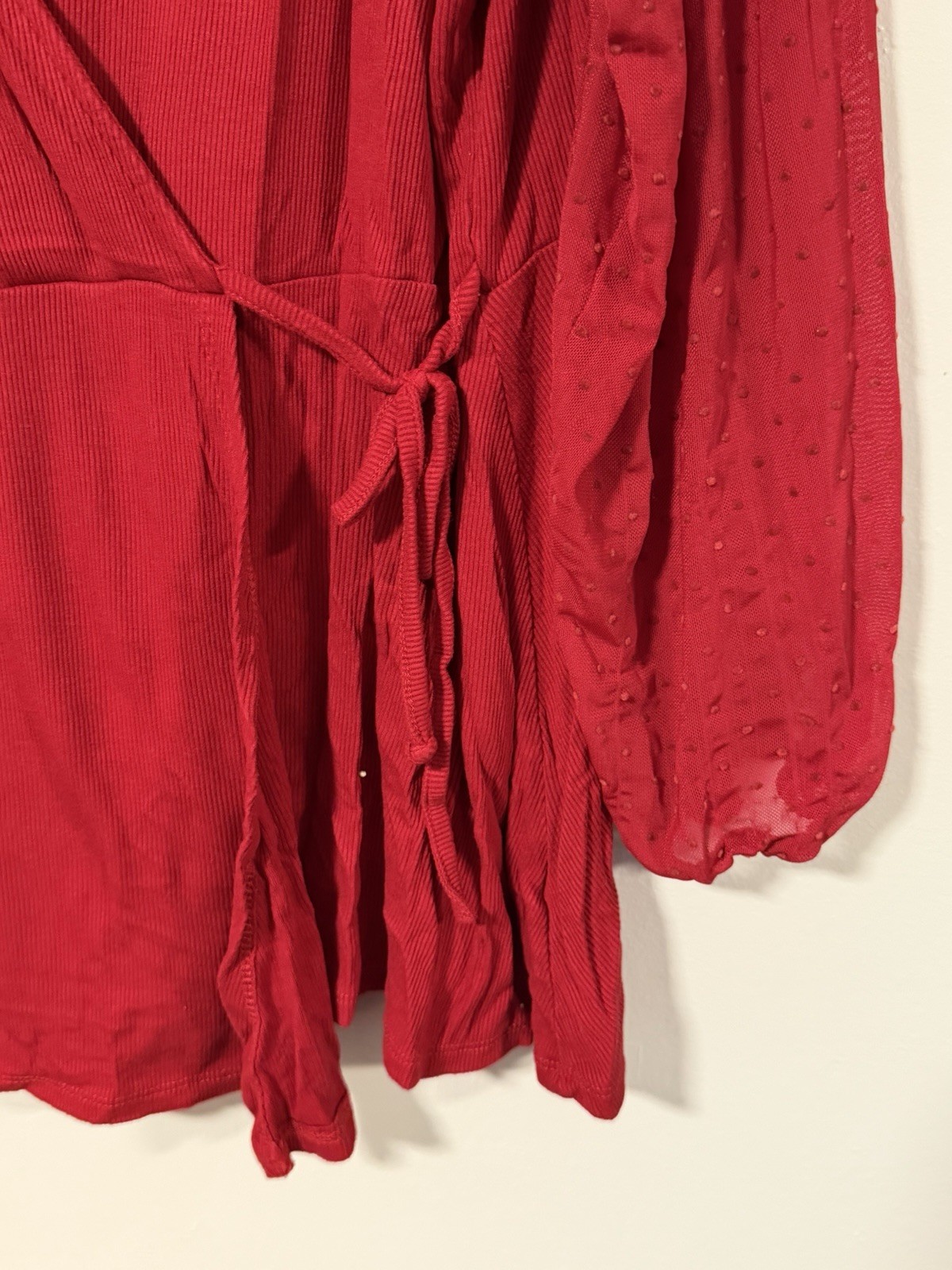 Maurices 2X Red Solid V-Neck Long Sleeve Wrap Tie Knit Blouse for Women Plus