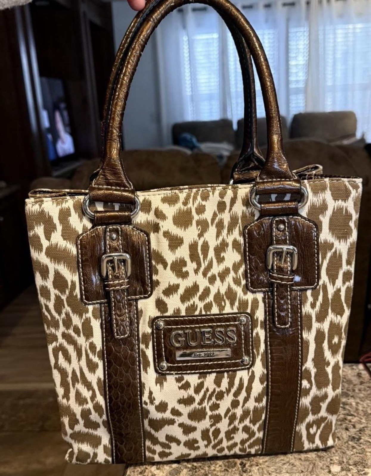 GUESS Leopard Animal Print Tote Bag Brown Beige Double Handles Designer Accent
