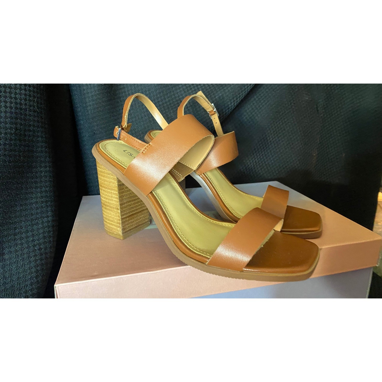 Lisa Vicky Oasis-V Chestnut Leather Block Heel Sandals Women 9M Square Toe Brown