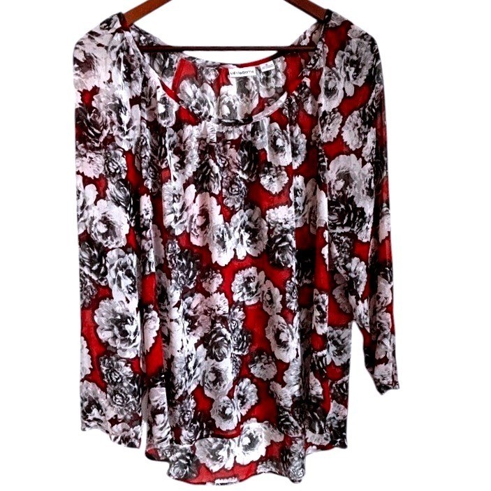 Liz Claiborne Sheer Red Floral Blouse Sz XL Pleated Neck Moody Dark Romantic
