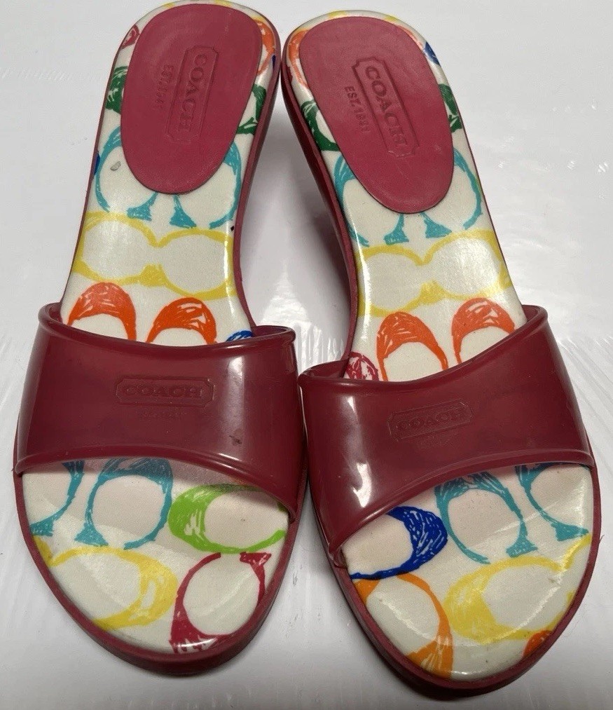 VTG Y2K Coach SCRIBBLE Signature Jelly Pink Kitten Heel Slip On Sandals Size 8