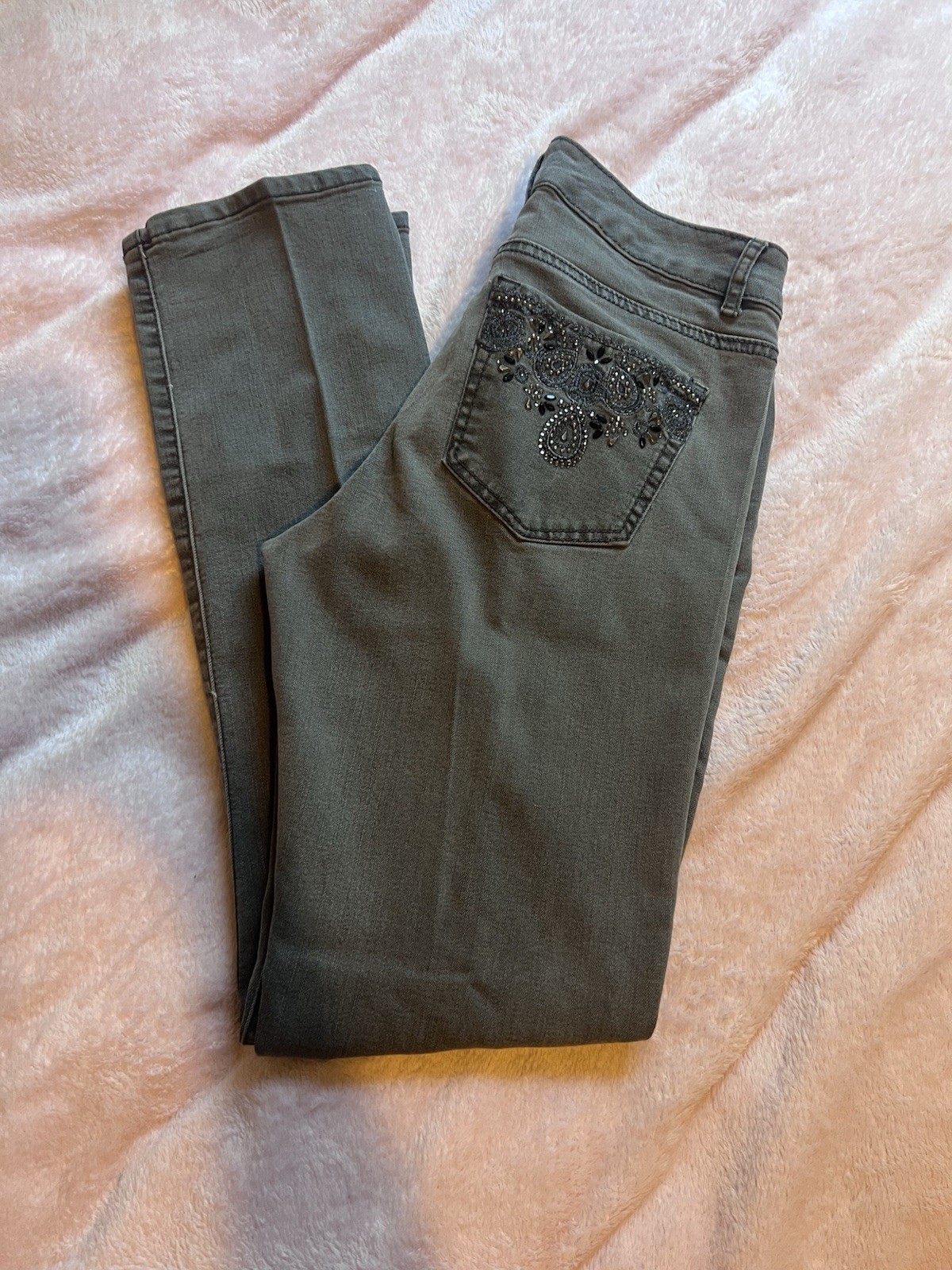 Jody Blue Women’s Skinny Mid Rise Gray Stretch Denim Jeans Embroidered Pockets