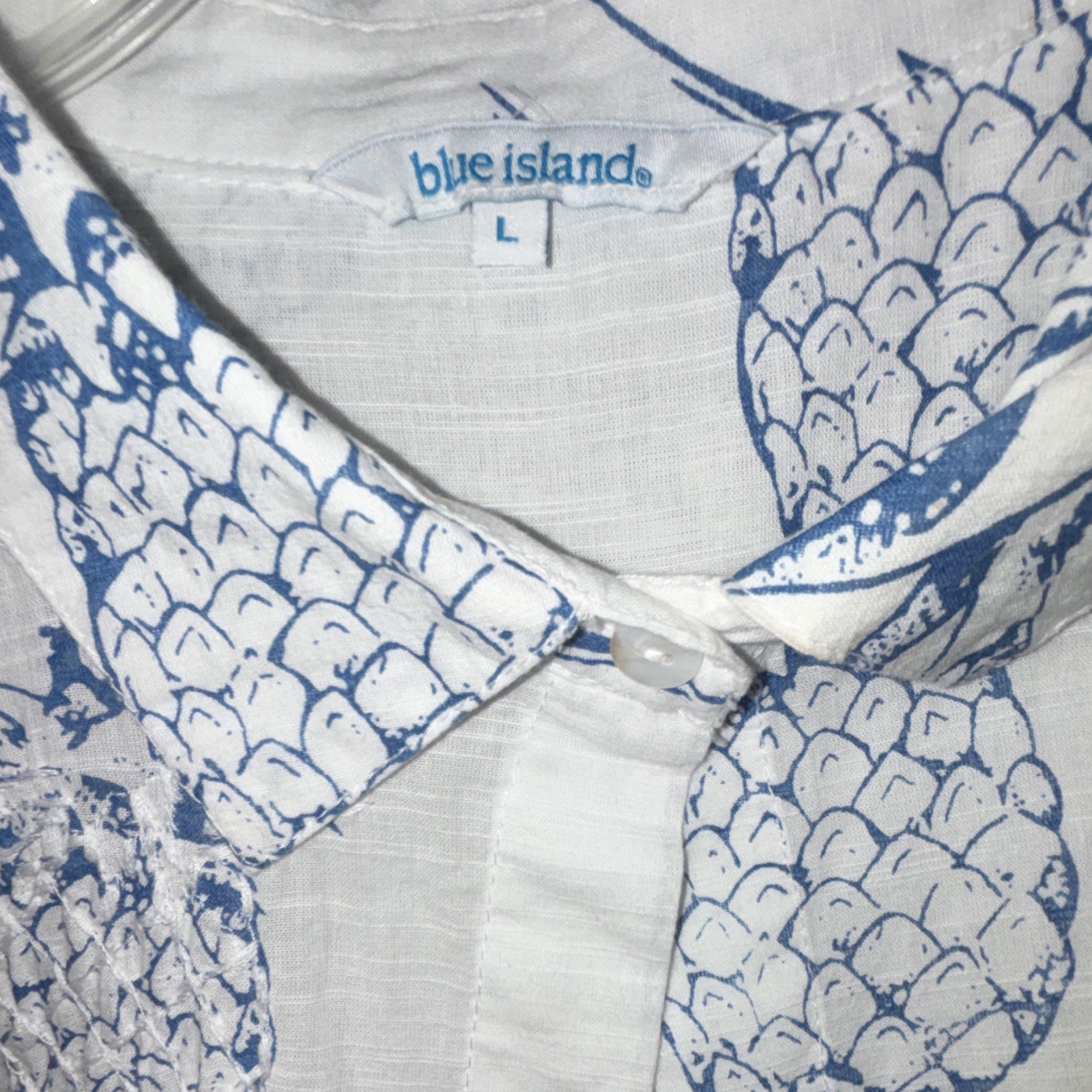 Blue Island Cotton Pineapple Beach Coverup Button Up Womens L White Blue Coastal