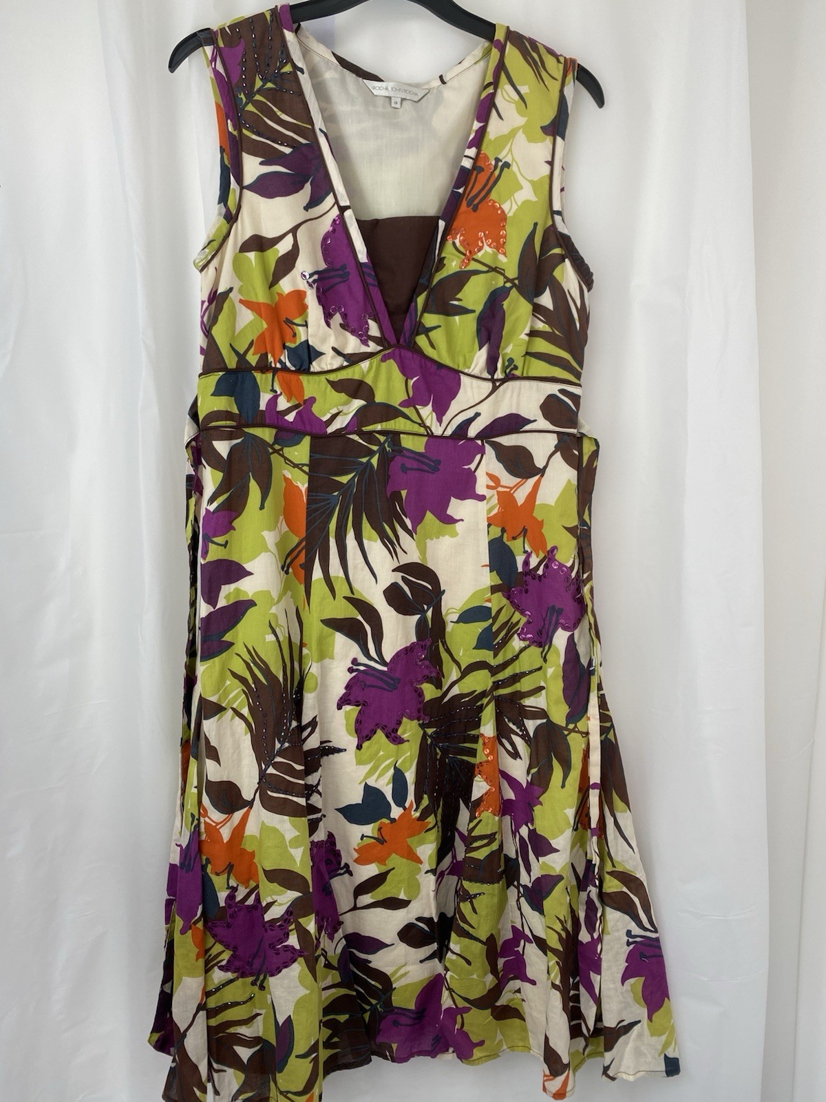 Rocha John Rocha Floral Cotton Summer Dress UK 12 V Neck Sleeveless Debenhams