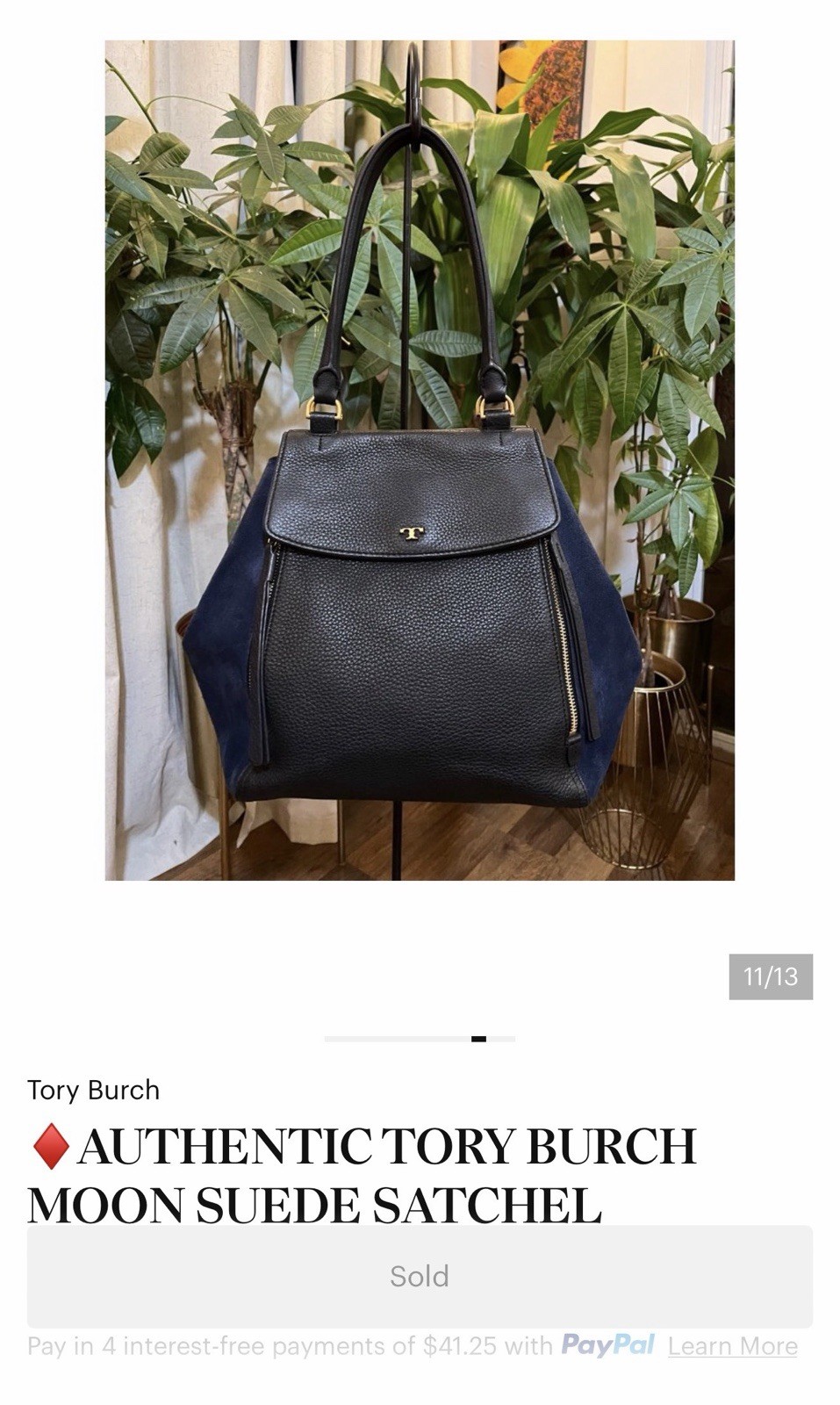 TORY BURCH Half-Moon Satchel Tote Purse Handbag Black Leather Blue Suede