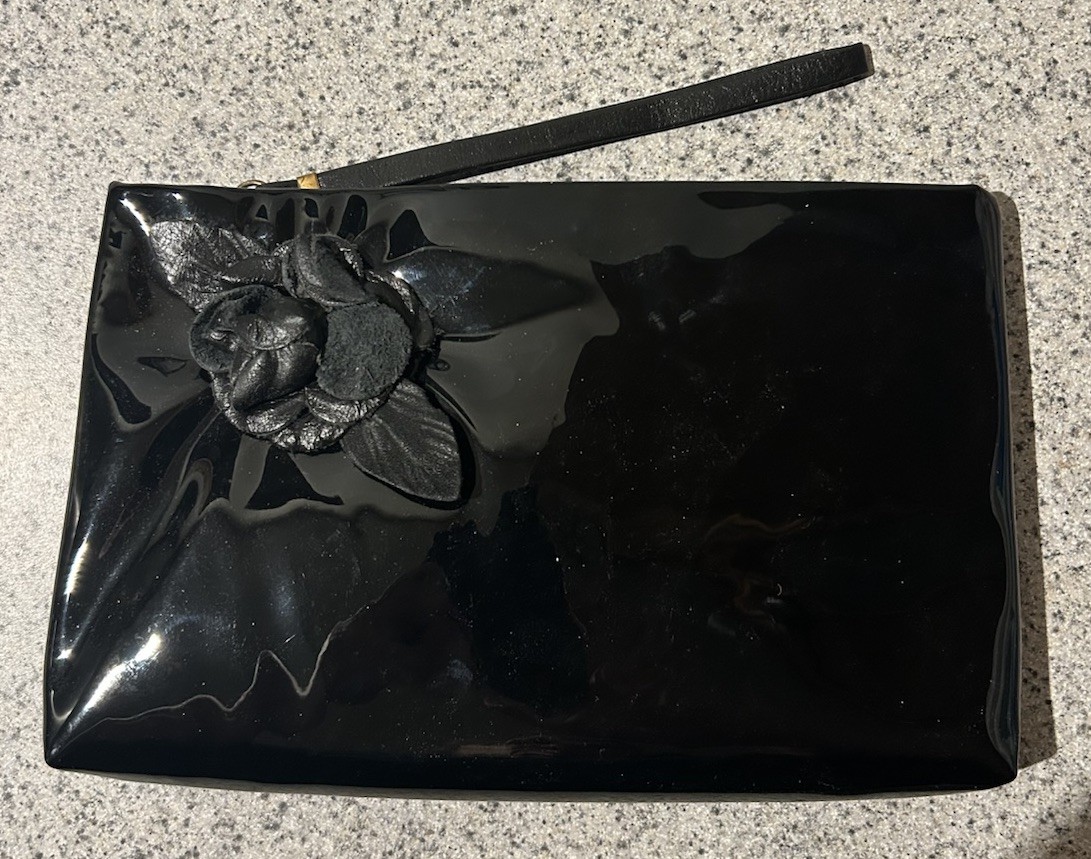 Black Patent Leather Handbag Purse Tote Leather Flower Petal 10x7x1
