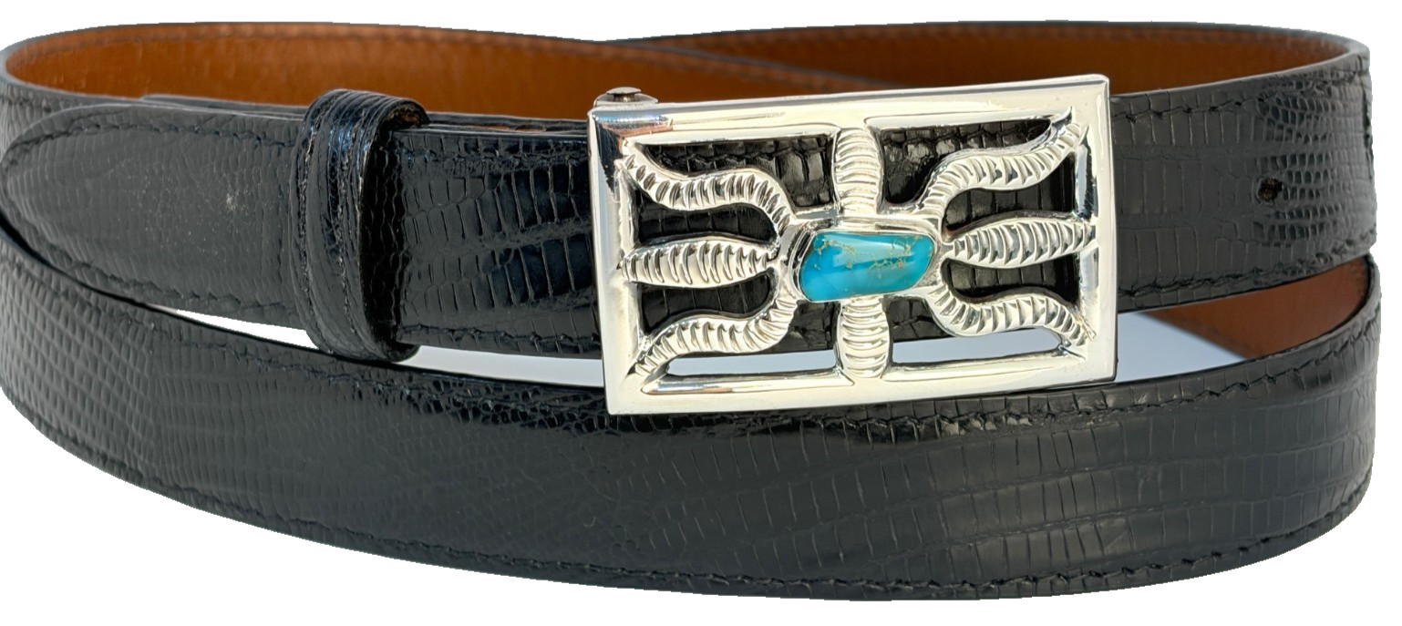 Vintage Sandcast Sterling Silver .925 Turquoise Belt Buckle 38 Genuine Lizard