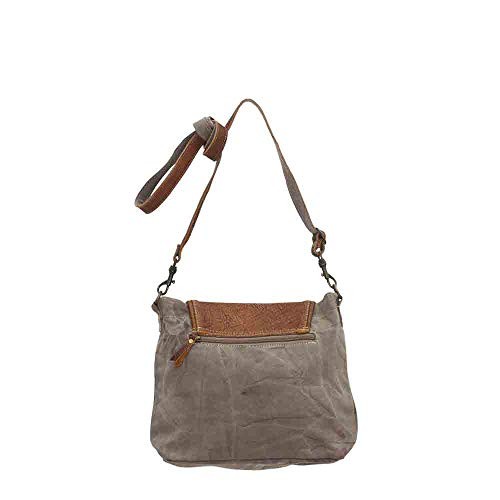 MYRA THE FLAP-OVER UPCYCLED CANVAS AND GENUINE LEATHER CROSSBODY BAG BROWN/GRAY