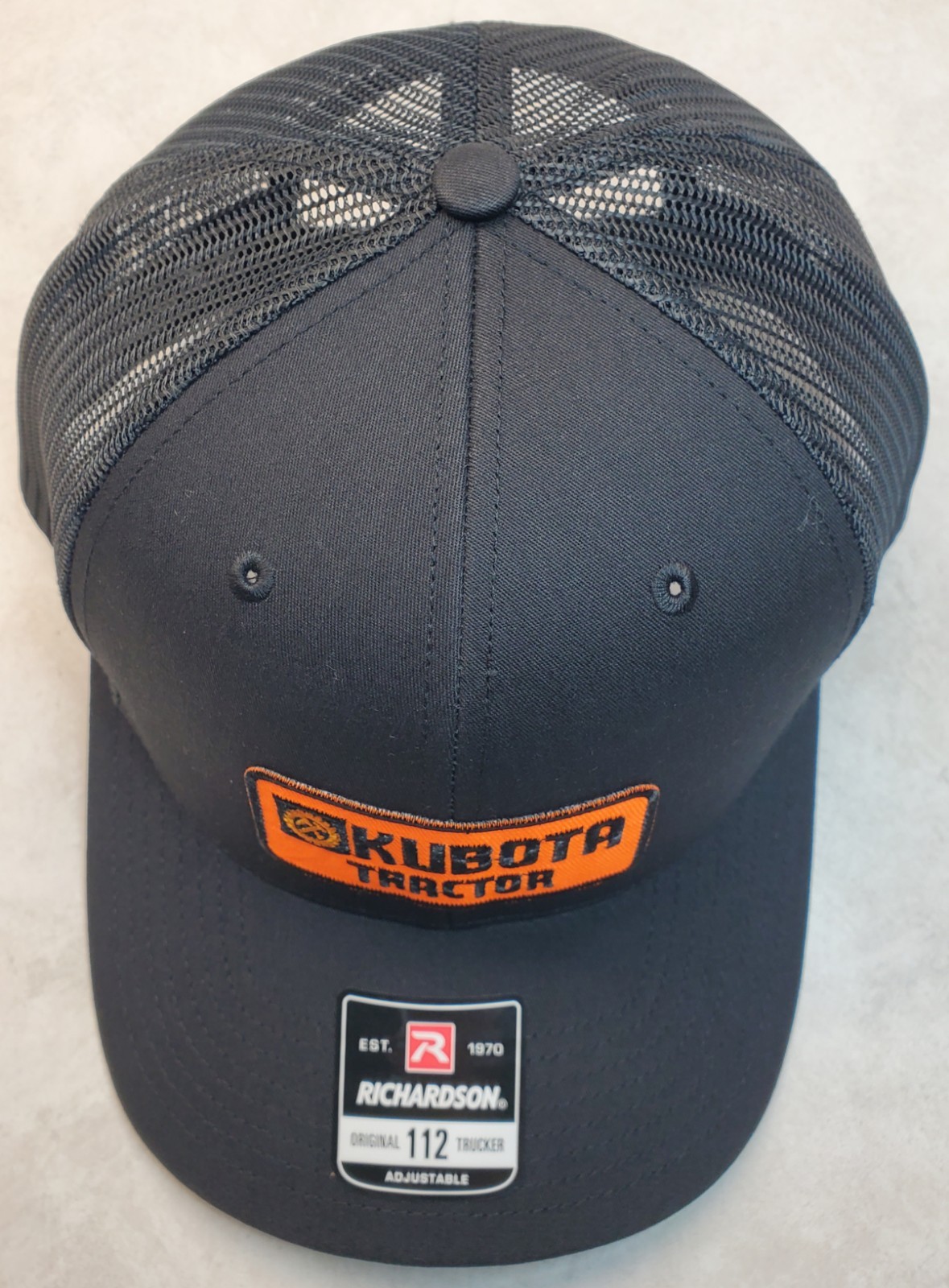 Kubota Tractor Emb. Patch on Richardson 112 Trucker Hat Snapback Black/Black
