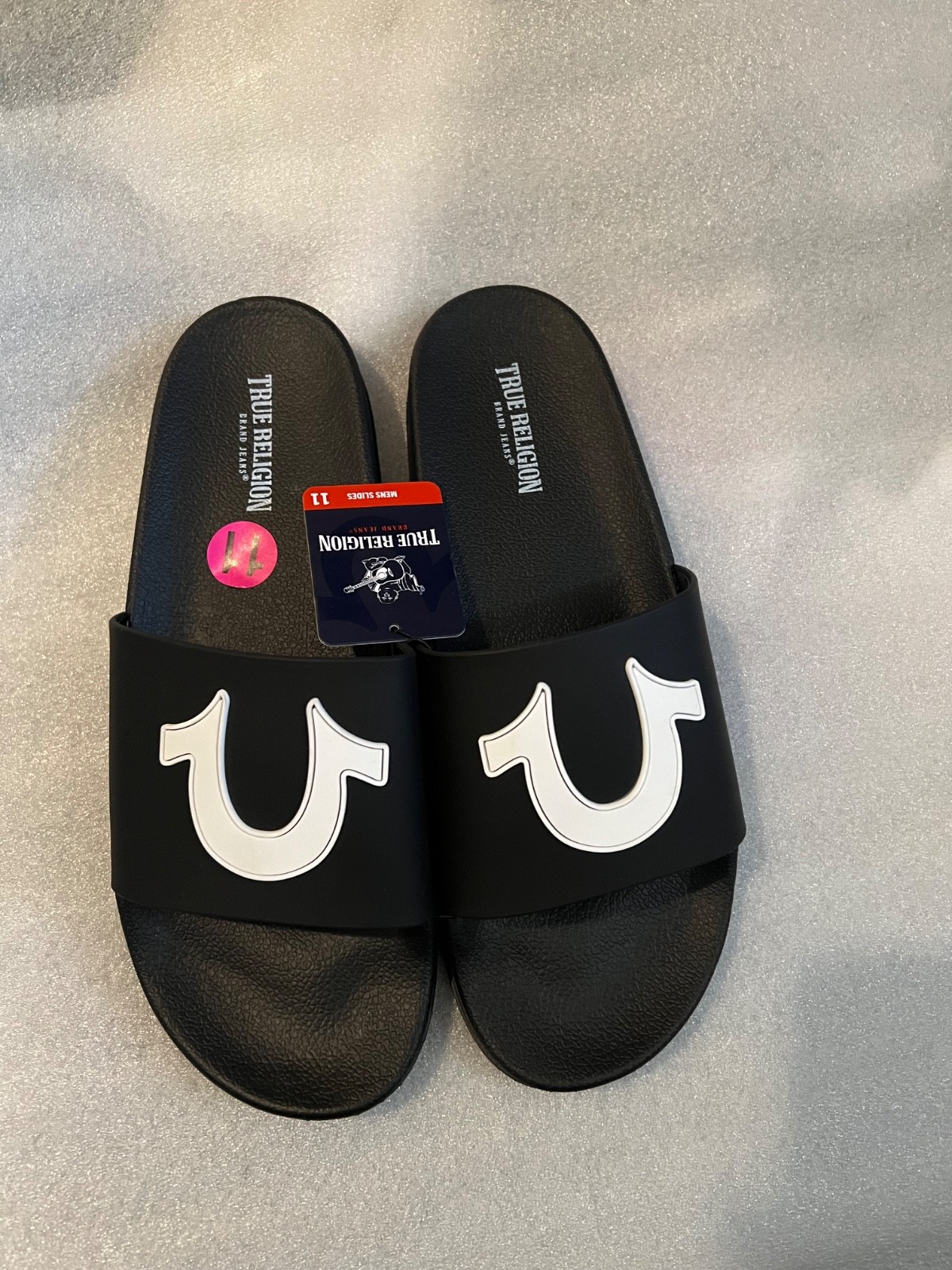 True Religion Men’sTR-112-S Black & White Logo Slide Sandals Lightweight Size 11