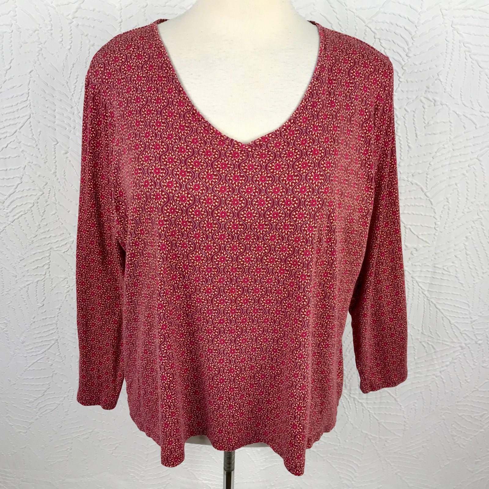 Croft & Barrow Classic Top Tee Shirt 2X Burgundy Geo Long Sleeve 100% Cotton